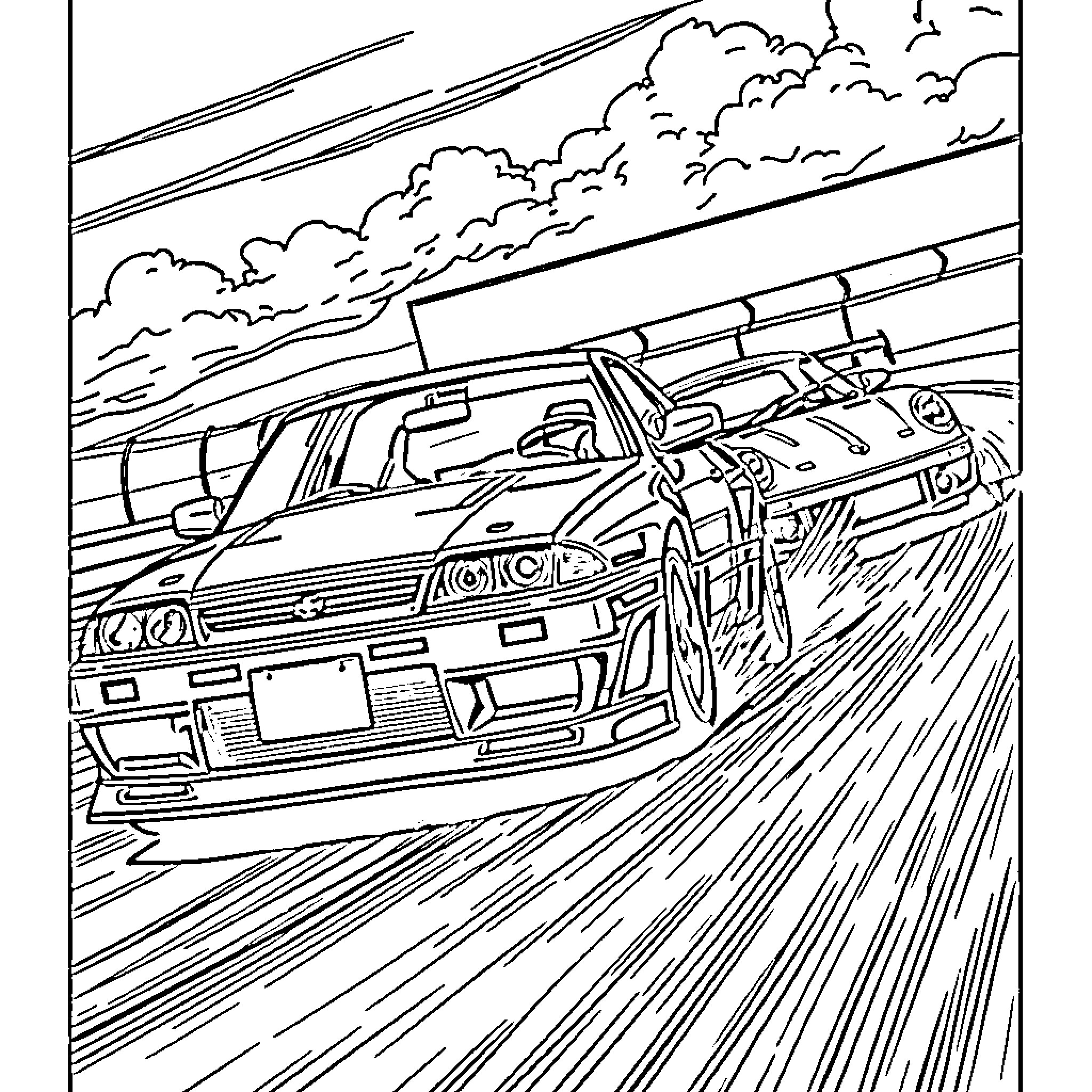 Car speeding through clouds on the highway Coloring Page (free black-and-white line drawing printable PDF for all, from beginners to advanced learners, including children, teens, adults, and seniors)