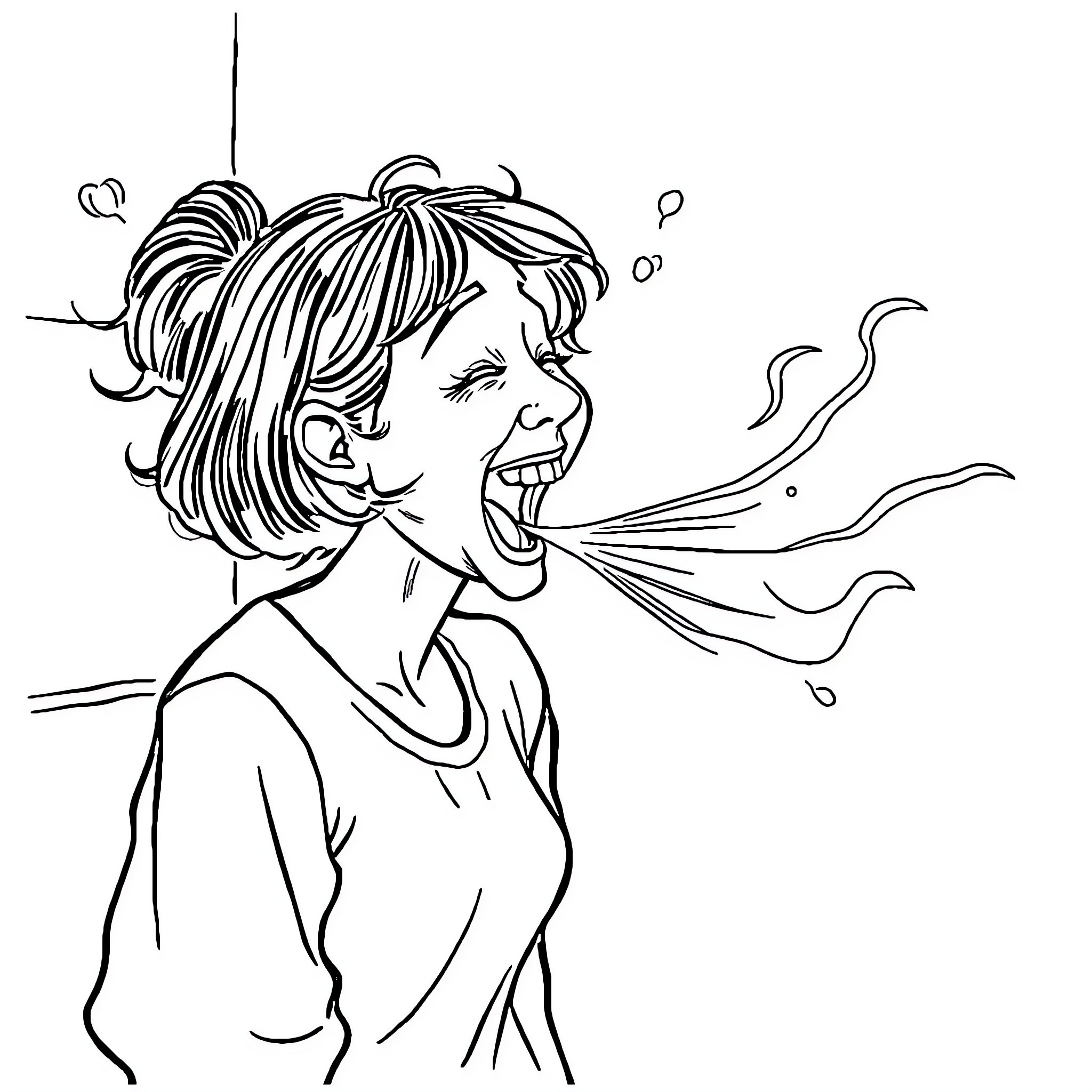 Sister Blowing Bubbles Happily Coloring Page (free black-and-white line drawing printable PDF for all, from beginners to advanced learners, including children, teens, adults, and seniors)