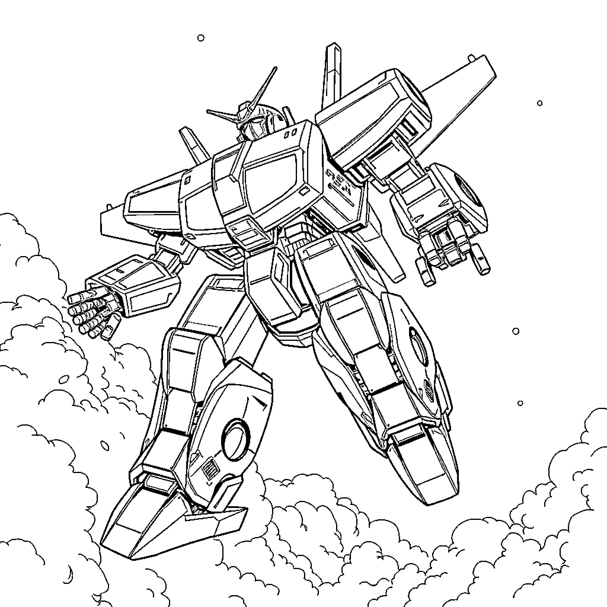 Goldorac giant robot soaring through the clouds Coloring Page (free black-and-white line drawing printable PDF for all, from beginners to advanced learners, including children, teens, adults, and seniors)