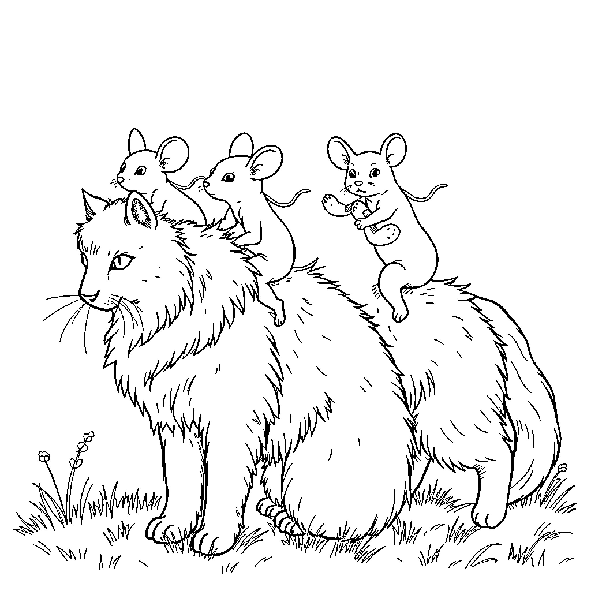 Mouse family exploring nature together Coloring Page (free black-and-white line drawing printable PDF for all, from beginners to advanced learners, including children, teens, adults, and seniors)