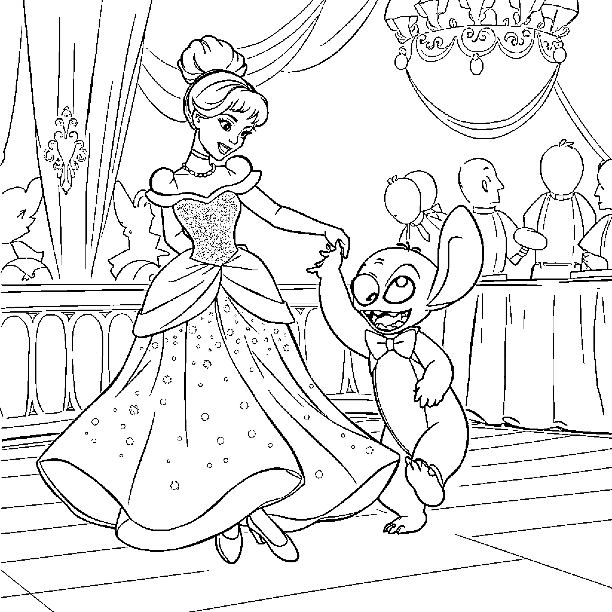 Cinderella dancing with a friendly creature in the palace Coloring Page (free black-and-white line drawing printable PDF for all, from beginners to advanced learners, including children, teens, adults, and seniors)