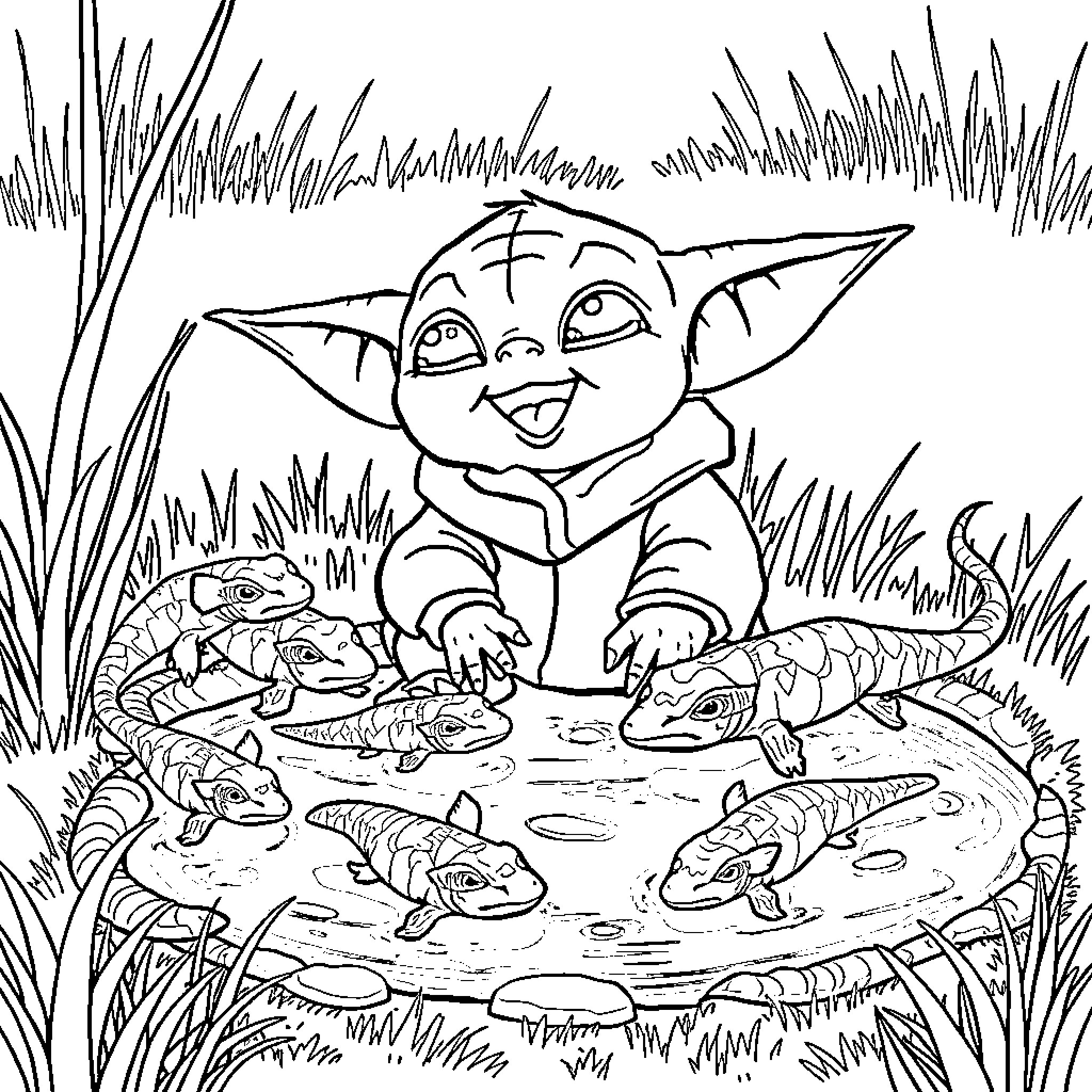 Baby Yoda playing with adorable creatures in the nature Coloring Page (free black-and-white line drawing printable PDF for all, from beginners to advanced learners, including children, teens, adults, and seniors)