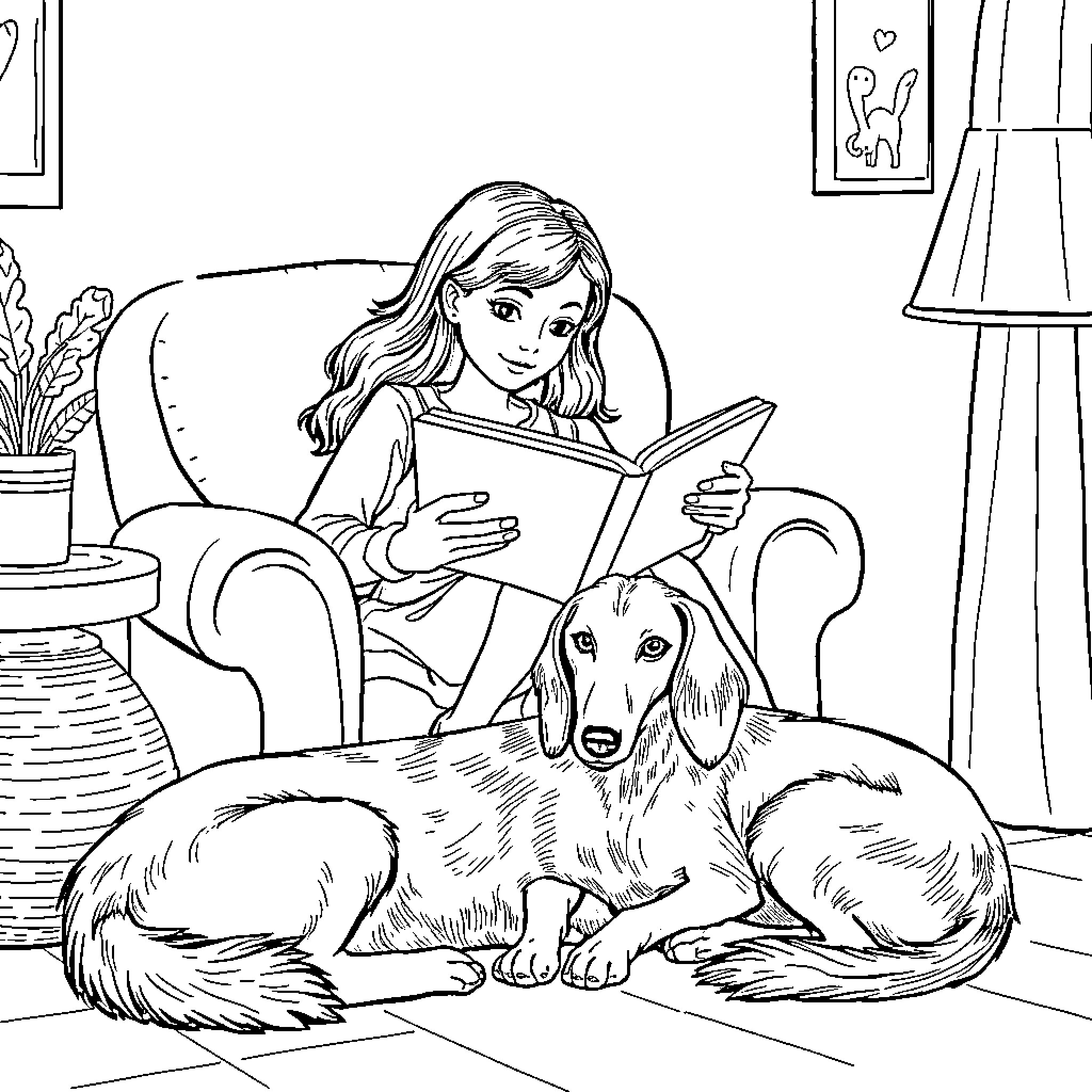 Mum reading with her pet dog at home Coloring Page (free black-and-white line drawing printable PDF for all, from beginners to advanced learners, including children, teens, adults, and seniors)