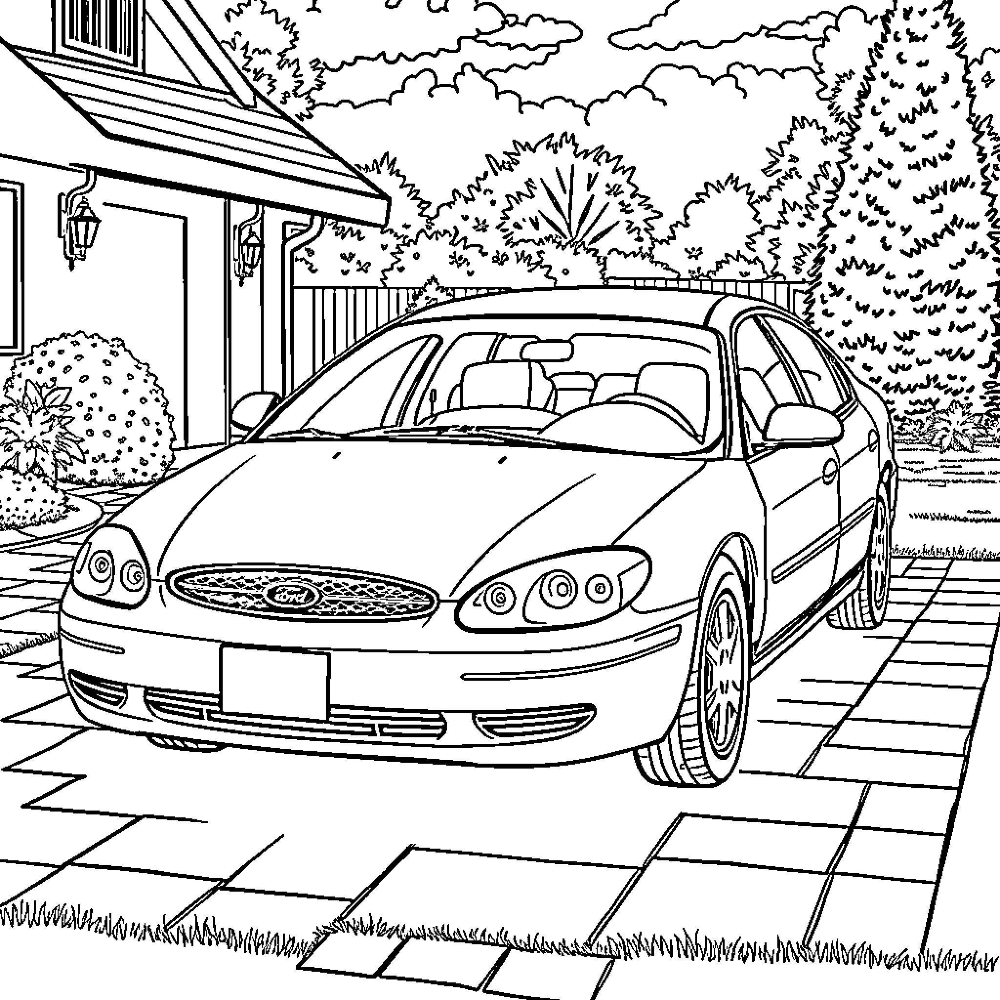 Ford Taurus parked in a driveway Coloring Page (free black-and-white line drawing printable PDF for all, from beginners to advanced learners, including children, teens, adults, and seniors)
