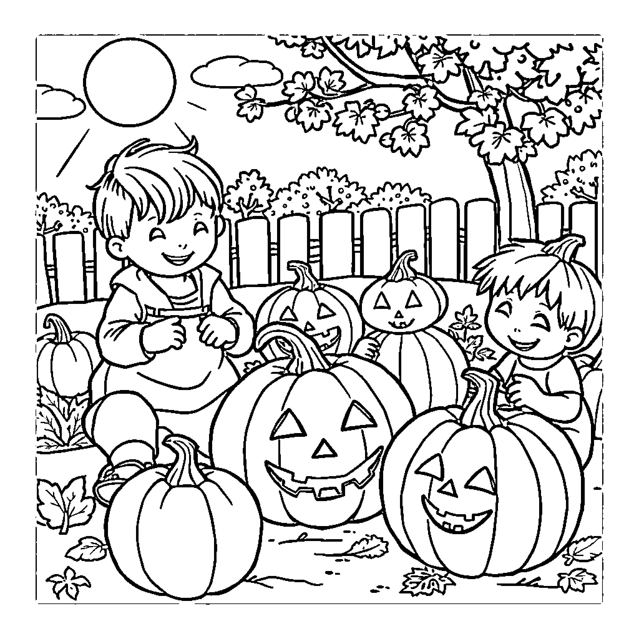 Pumpkin Patch Playtime Coloring Page (free black-and-white line drawing printable PDF for all, from beginners to advanced learners, including children, teens, adults, and seniors)