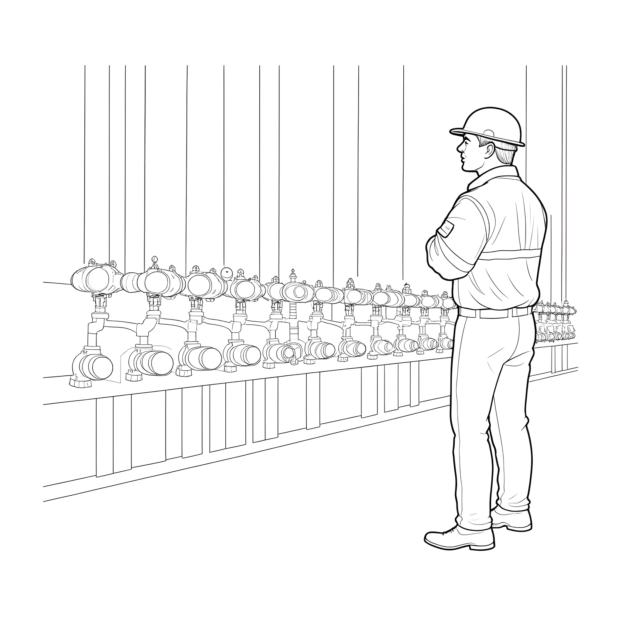 Maintenance Worker Inspecting Industrial Equipment Coloring Page (free black-and-white line drawing printable PDF for all, from beginners to advanced learners, including children, teens, adults, and seniors)