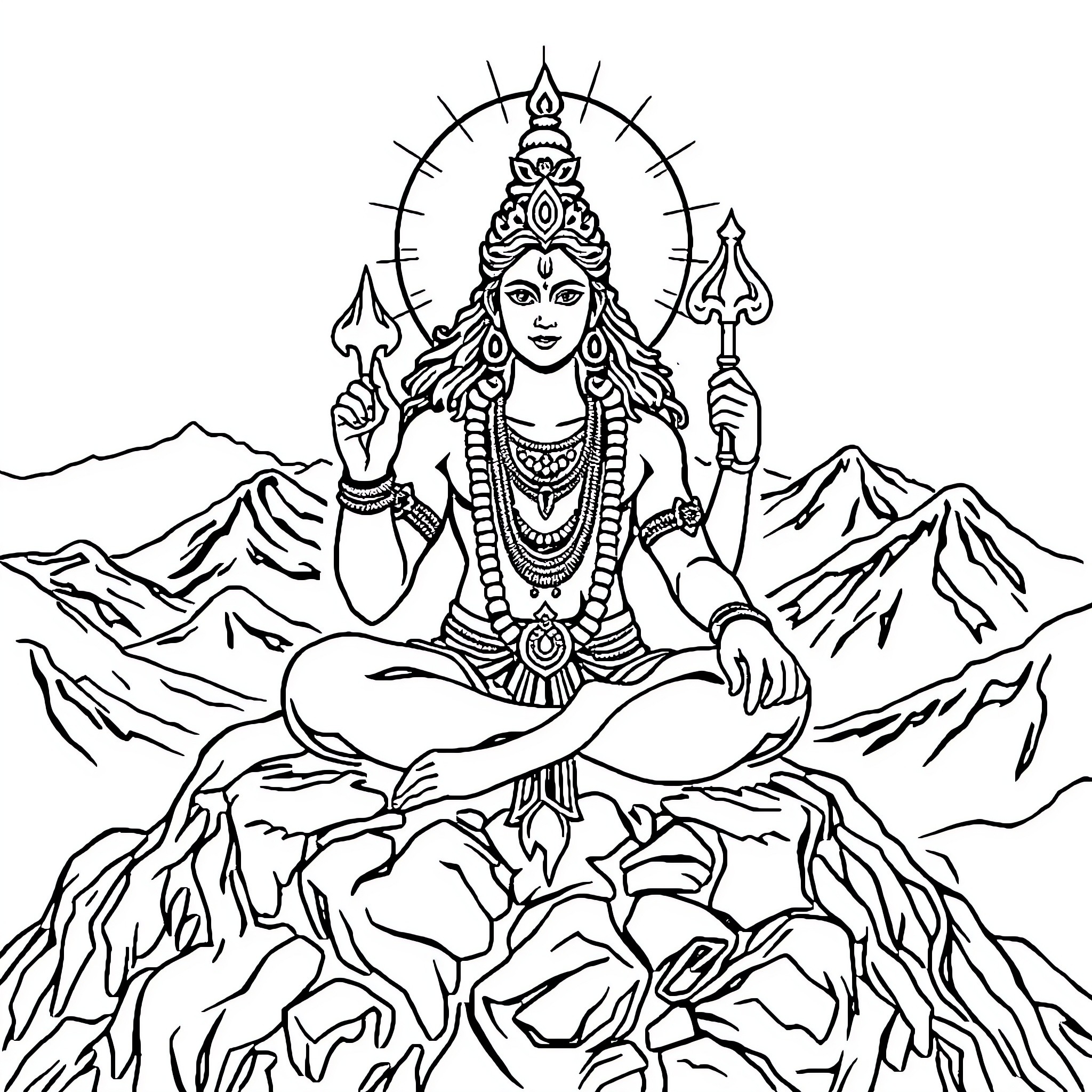 Mahadeva, the Cosmic Dancer amid Majestic Mountains Coloring Page (free black-and-white line drawing printable PDF for all, from beginners to advanced learners, including children, teens, adults, and seniors)