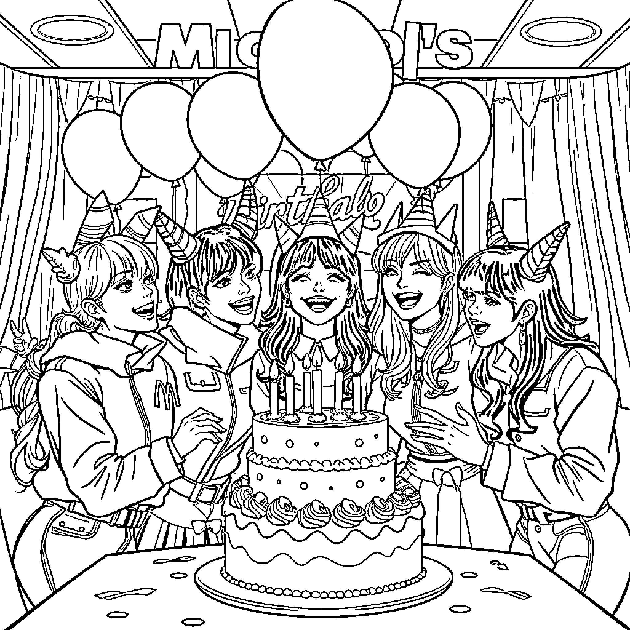 Kpop Demon Hunter's Lively Birthday Celebration Coloring Page (free black-and-white line drawing printable PDF for all, from beginners to advanced learners, including children, teens, adults, and seniors)