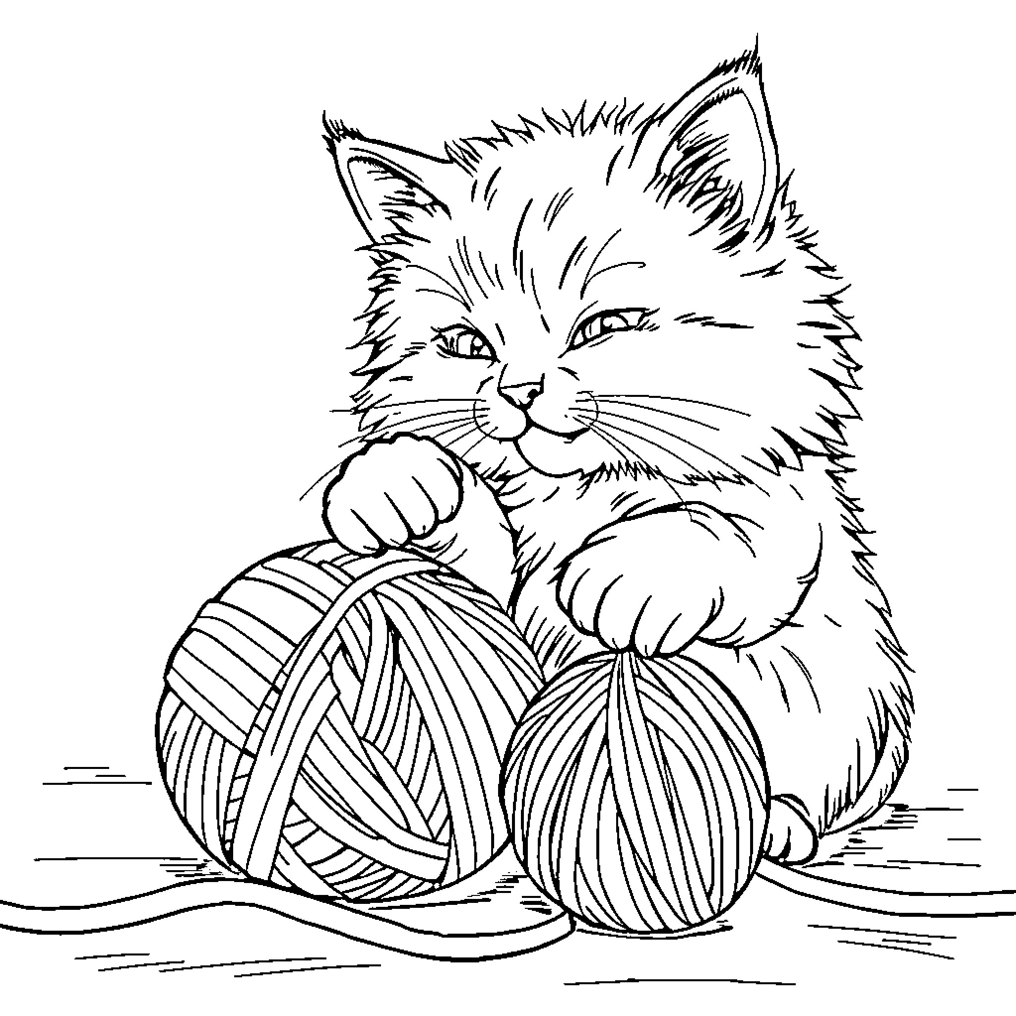 Cat playing with yarn balls Coloring Page (free black-and-white line drawing printable PDF for all, from beginners to advanced learners, including children, teens, adults, and seniors)