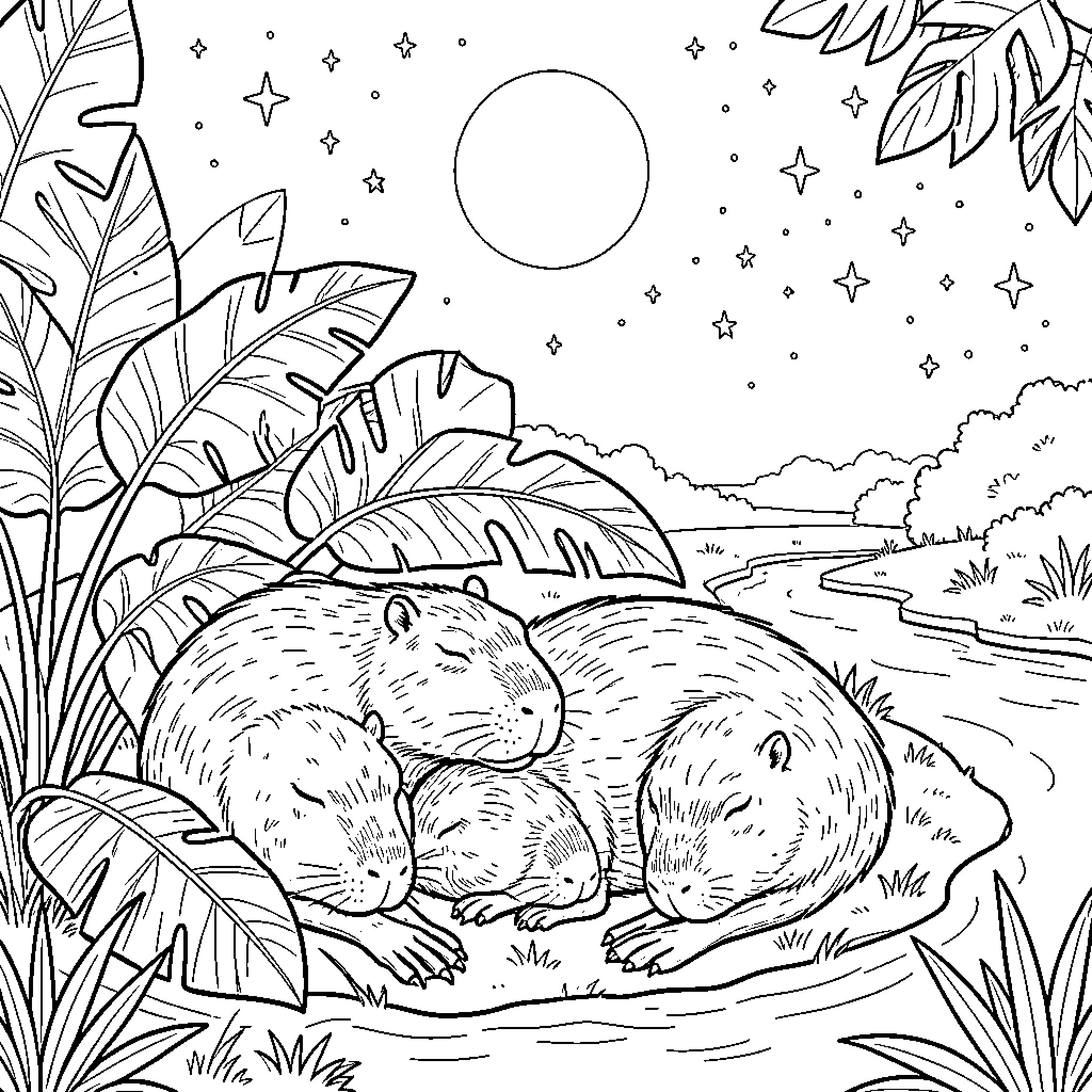 Capybara enjoying the starry night in the tropics Coloring Page (free black-and-white line drawing printable PDF for all, from beginners to advanced learners, including children, teens, adults, and seniors)