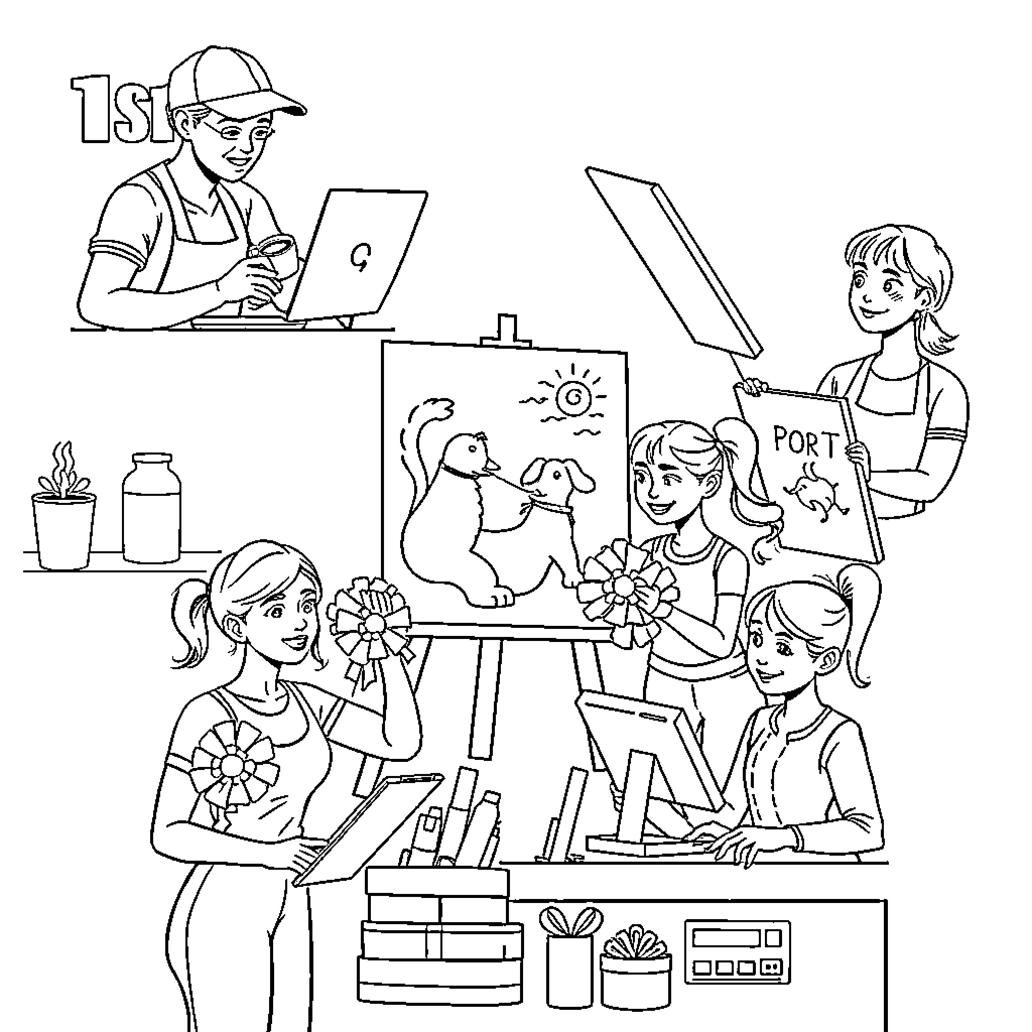 Job activities of a group of diverse people Coloring Page (free black-and-white line drawing printable PDF for all, from beginners to advanced learners, including children, teens, adults, and seniors)