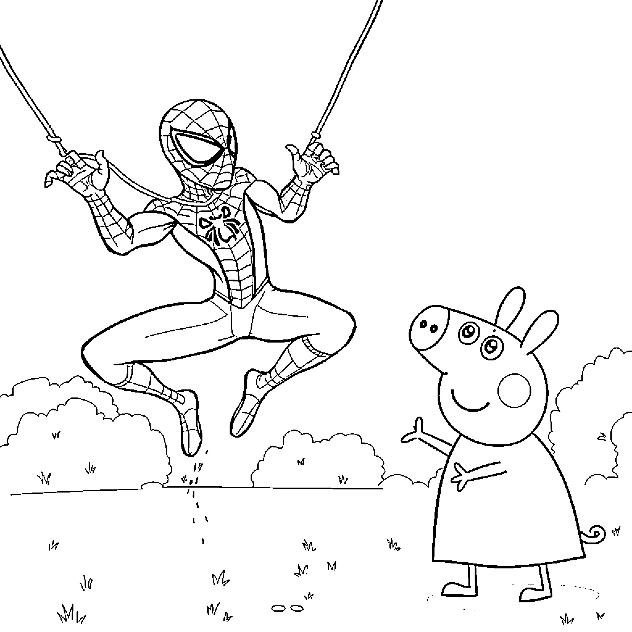Spidey swinging in action with Peppa Pig Coloring Page (free black-and-white line drawing printable PDF for all, from beginners to advanced learners, including children, teens, adults, and seniors)