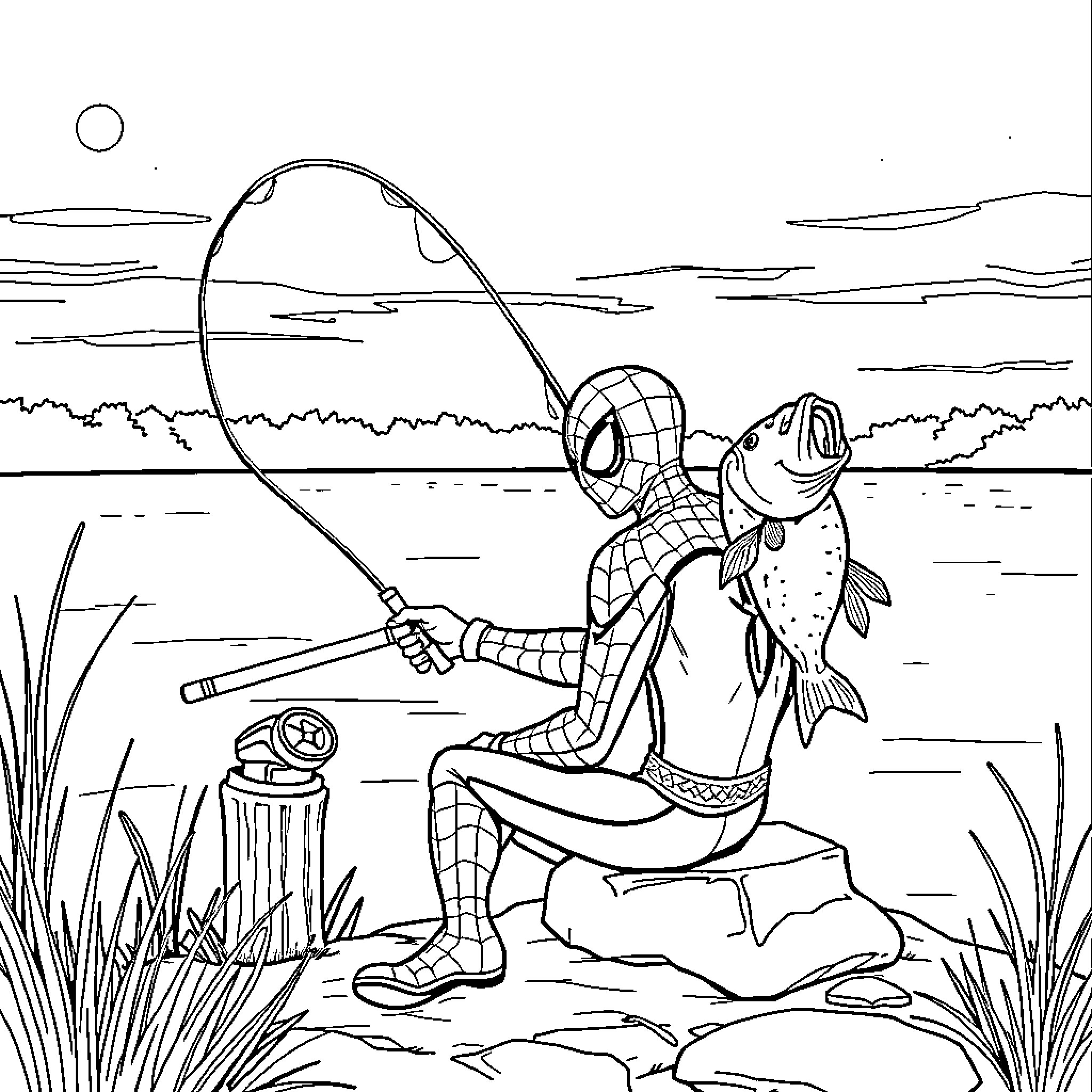 Spiderman Fishing Adventure in Nature Coloring Page (free black-and-white line drawing printable PDF for all, from beginners to advanced learners, including children, teens, adults, and seniors)