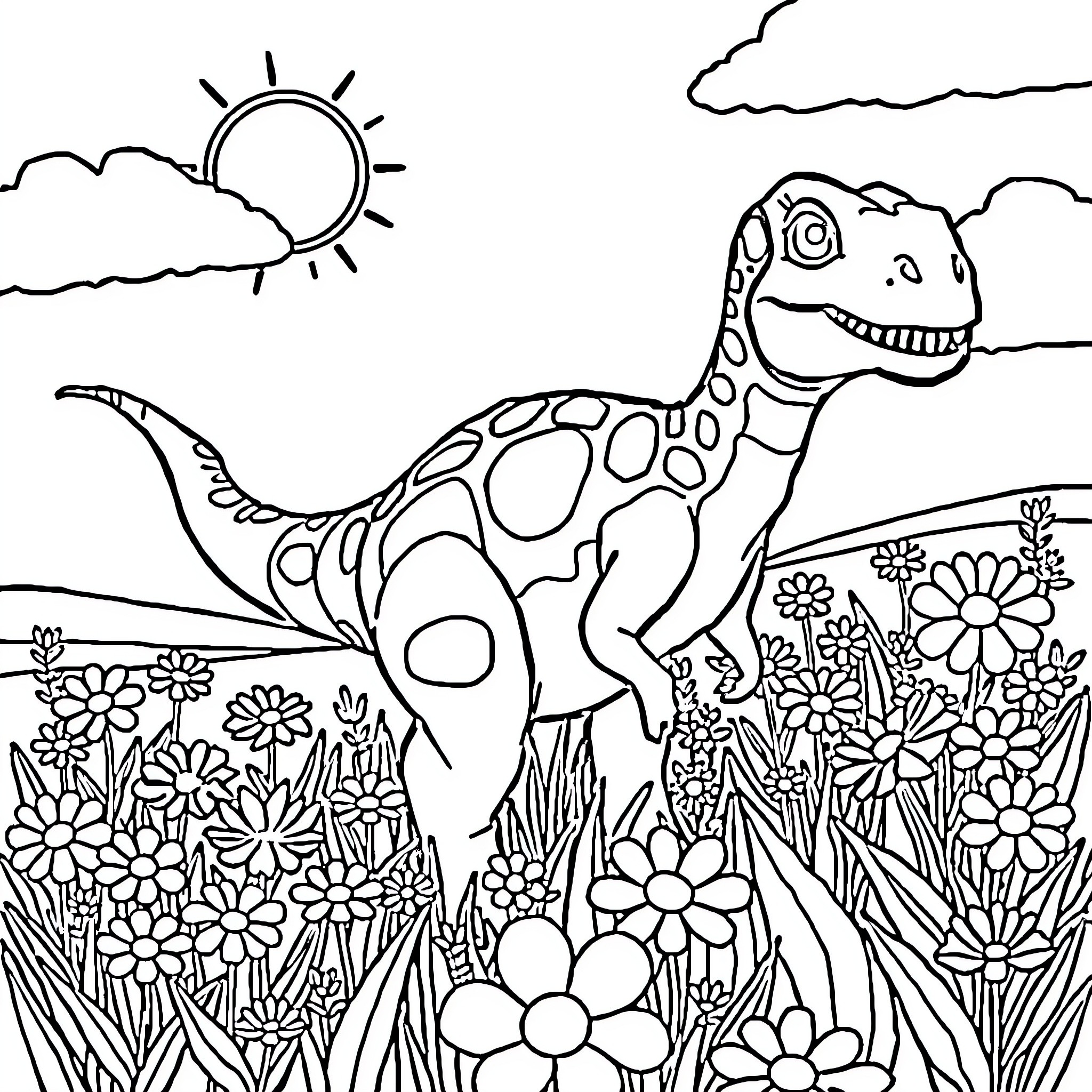 Dinosaur exploring a lush meadow scene Coloring Page (free black-and-white line drawing printable PDF for all, from beginners to advanced learners, including children, teens, adults, and seniors)