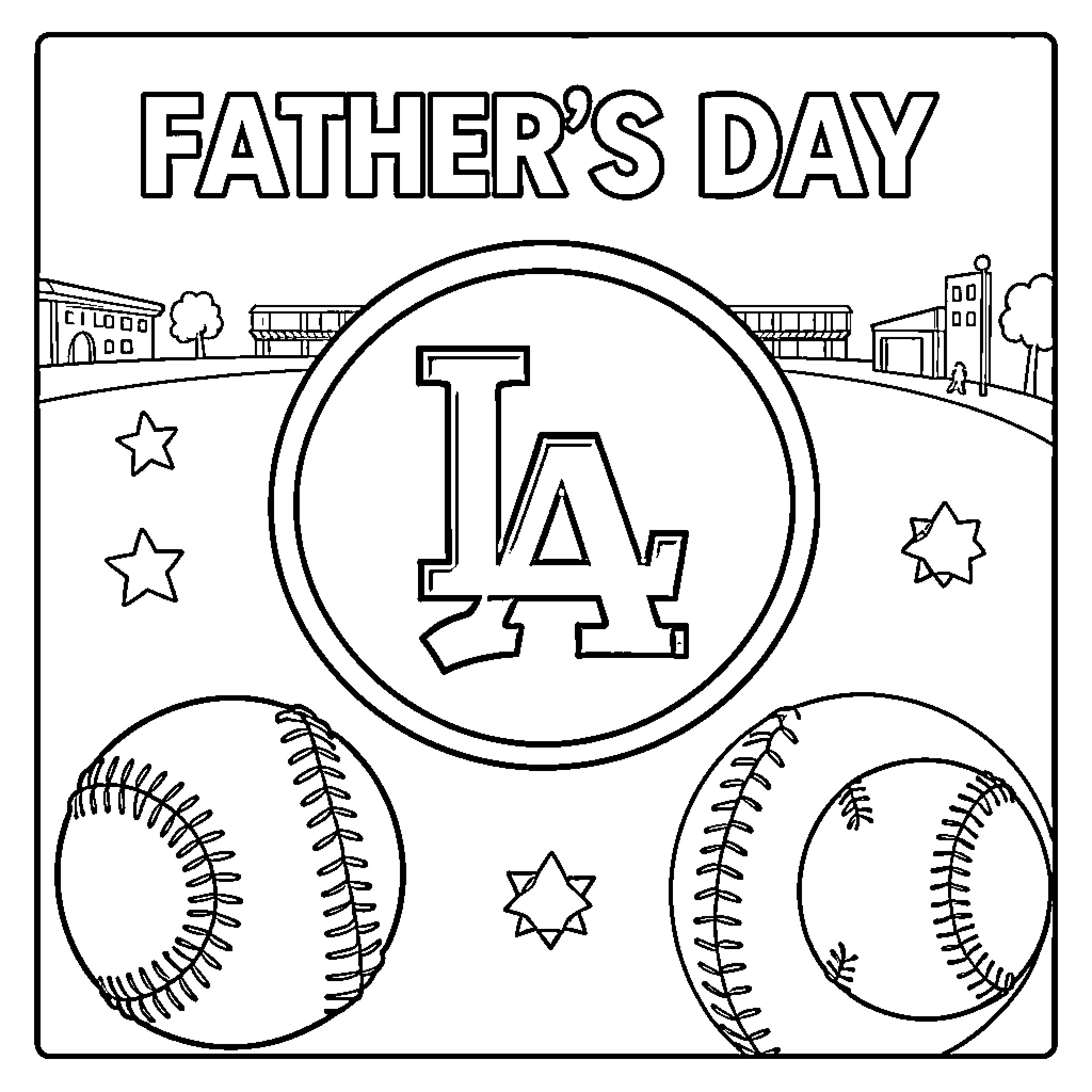 Father's Day celebration with baseballs and sports theme Coloring Page (free black-and-white line drawing printable PDF for all, from beginners to advanced learners, including children, teens, adults, and seniors)