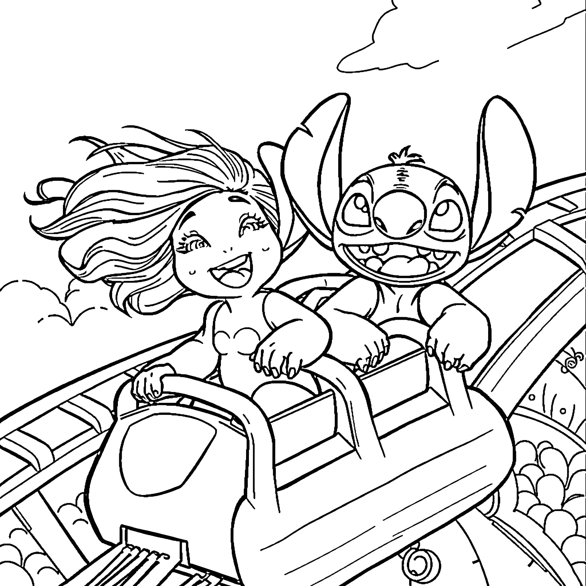 Lilo And Stitch Going on an Adventure Coloring Page (free black-and-white line drawing printable PDF for all, from beginners to advanced learners, including children, teens, adults, and seniors)