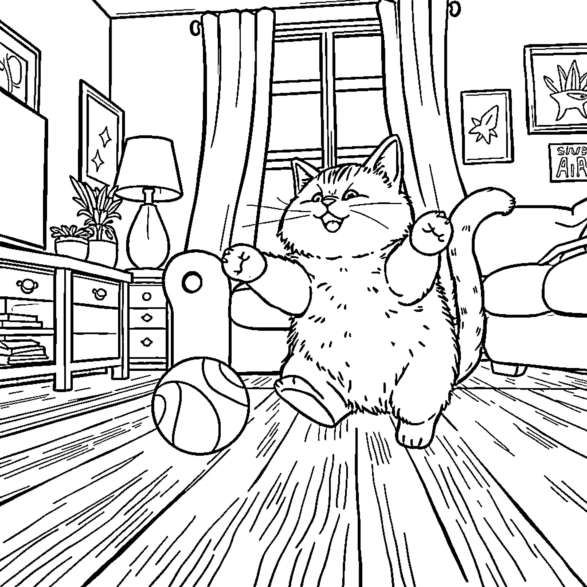 Cat playing playfully in cozy room Coloring Page (free black-and-white line drawing printable PDF for all, from beginners to advanced learners, including children, teens, adults, and seniors)