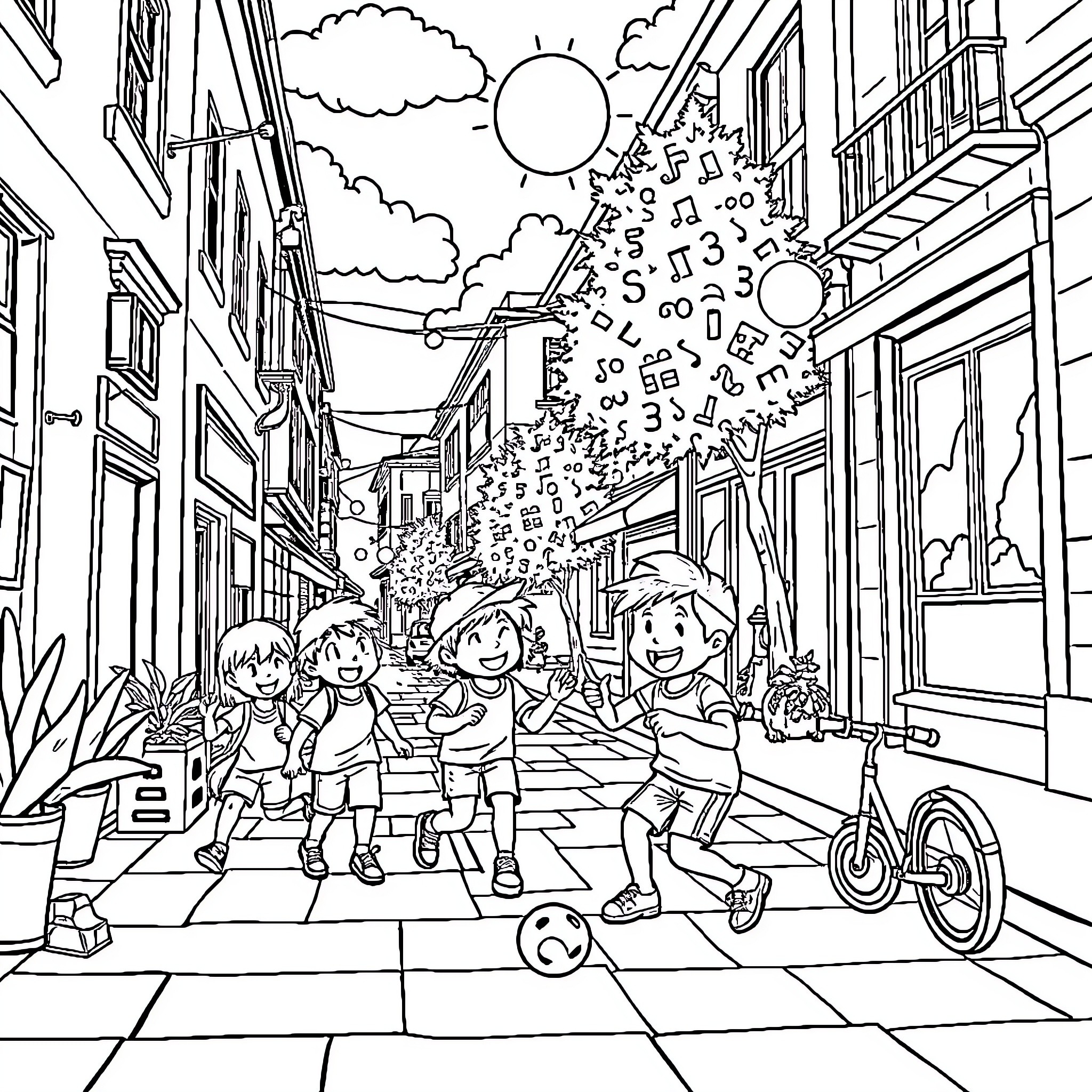 Kids playing and running on the street Coloring Page (free black-and-white line drawing printable PDF for all, from beginners to advanced learners, including children, teens, adults, and seniors)