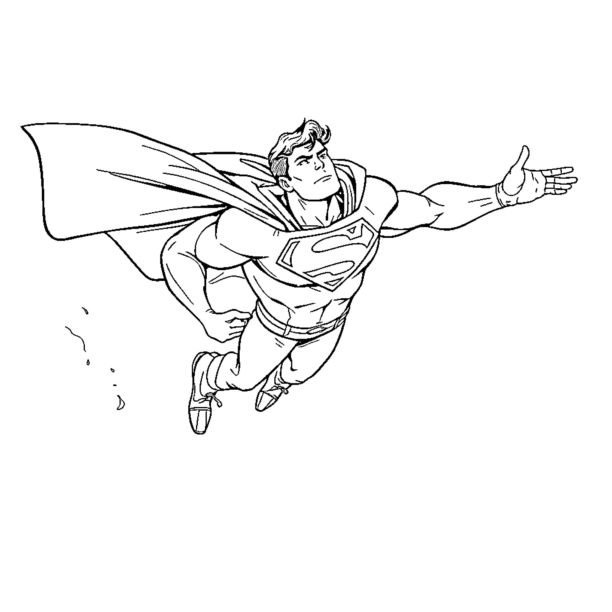 Superman soaring through the sky in action Coloring Page (free black-and-white line drawing printable PDF for all, from beginners to advanced learners, including children, teens, adults, and seniors)