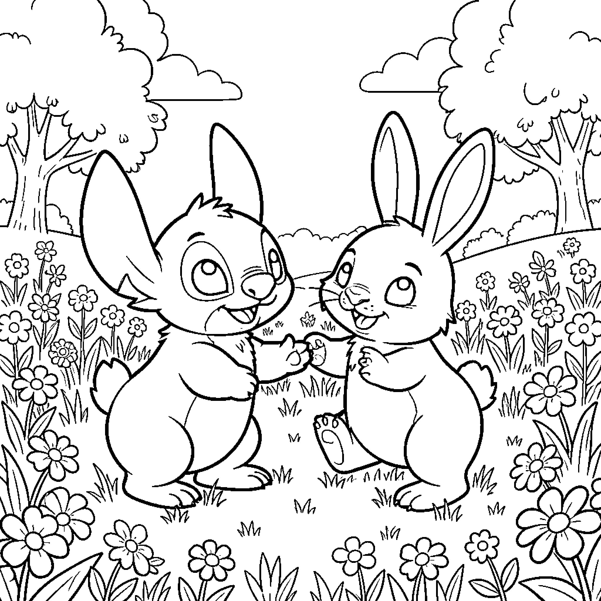 Stitch enjoying the outdoors with animal friends Coloring Page (free black-and-white line drawing printable PDF for all, from beginners to advanced learners, including children, teens, adults, and seniors)