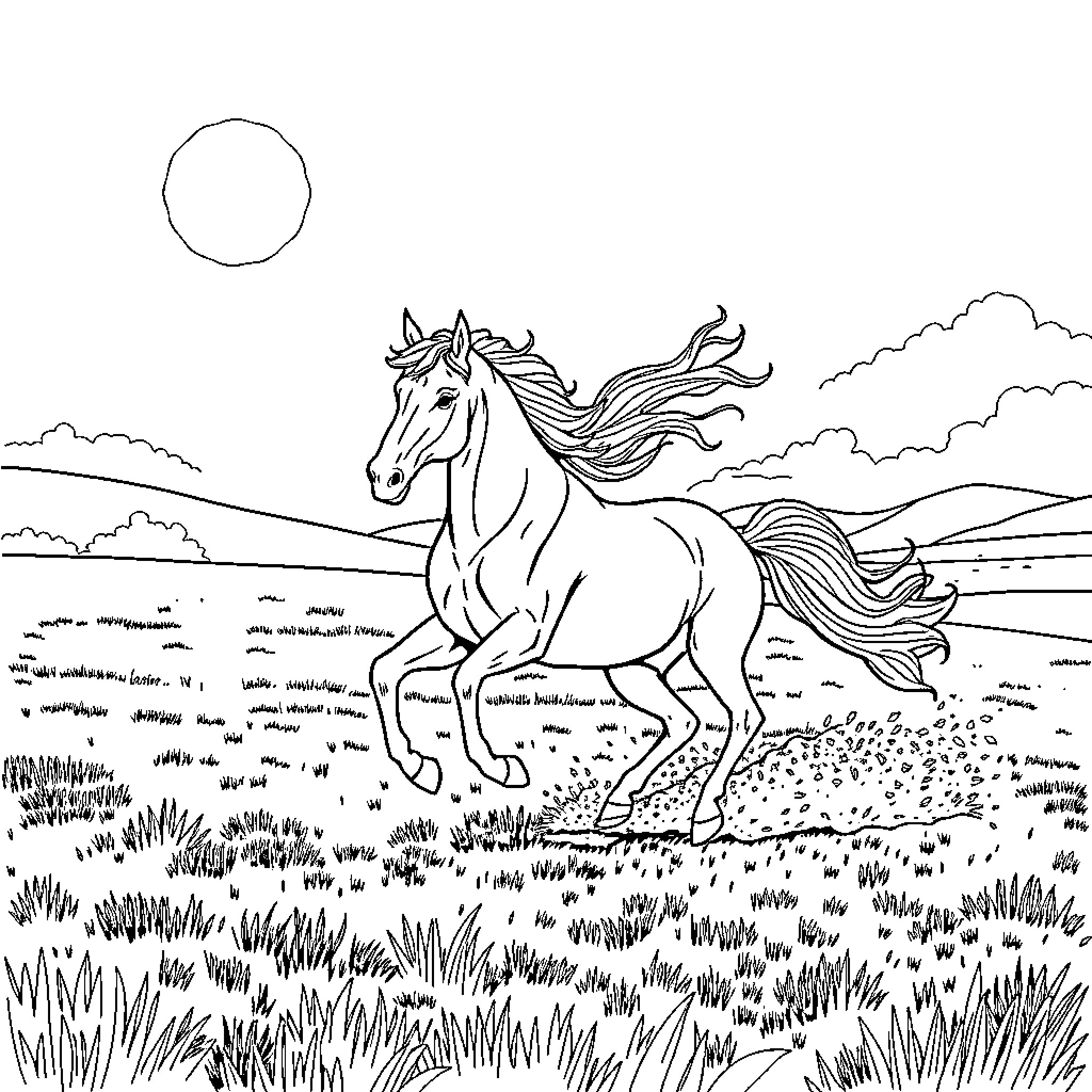Horse galloping freely in a scenic landscape Coloring Page (free black-and-white line drawing printable PDF for all, from beginners to advanced learners, including children, teens, adults, and seniors)