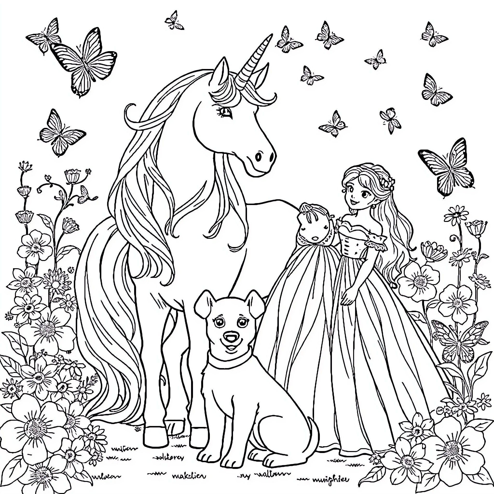 Unicorn and girl with puppy in floral garden Coloring Page (free black-and-white line drawing printable PDF for all, from beginners to advanced learners, including children, teens, adults, and seniors)