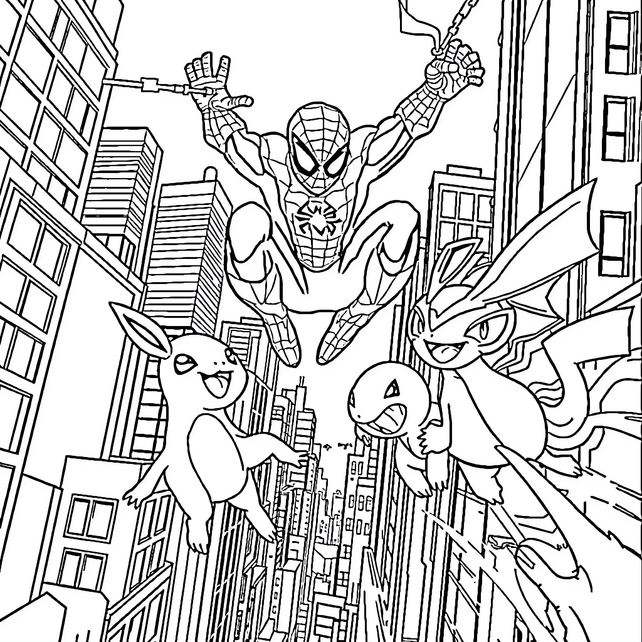 Spider-Man swinging through the city with Pokemon companions Coloring Page (free black-and-white line drawing printable PDF for all, from beginners to advanced learners, including children, teens, adults, and seniors)