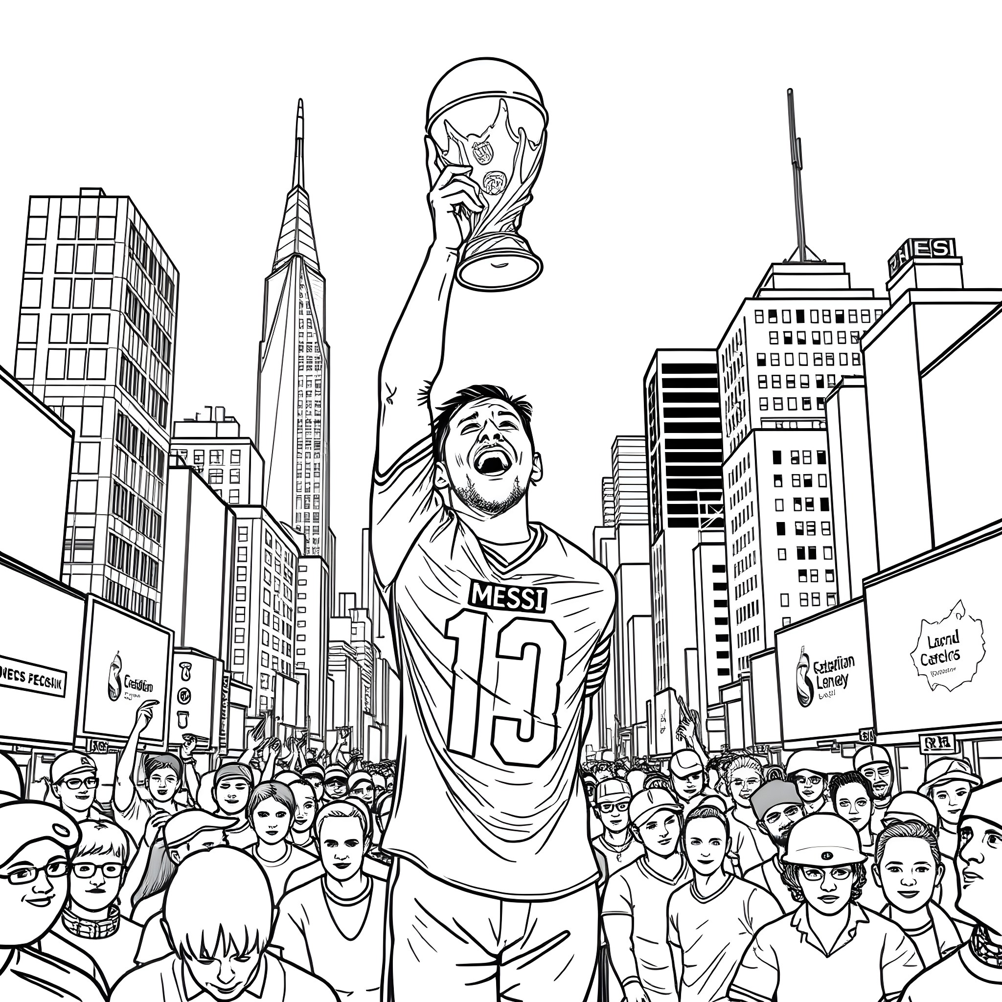 Lionel Messi celebrates with trophy among city crowd Coloring Page (free black-and-white line drawing printable PDF for all, from beginners to advanced learners, including children, teens, adults, and seniors)