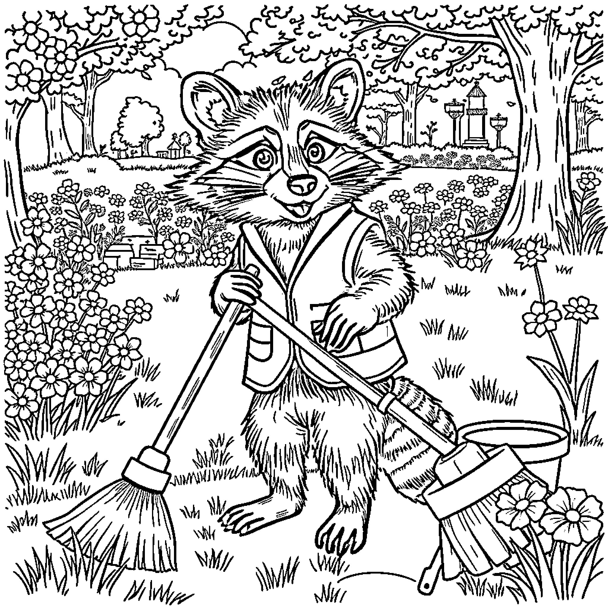 Raccoon sweeping the garden with a broom Coloring Page (free black-and-white line drawing printable PDF for all, from beginners to advanced learners, including children, teens, adults, and seniors)