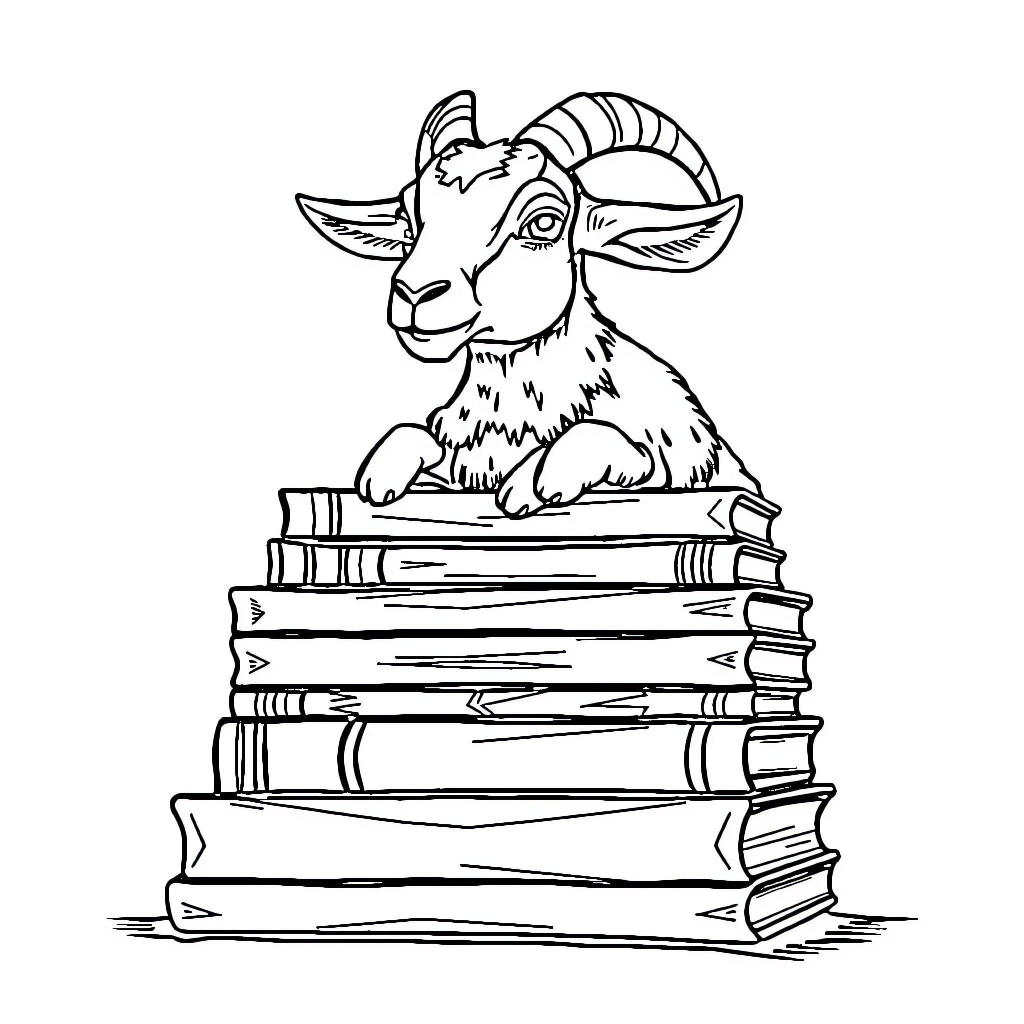 Goat sitting atop a stack of books Coloring Page (free black-and-white line drawing printable PDF for all, from beginners to advanced learners, including children, teens, adults, and seniors)