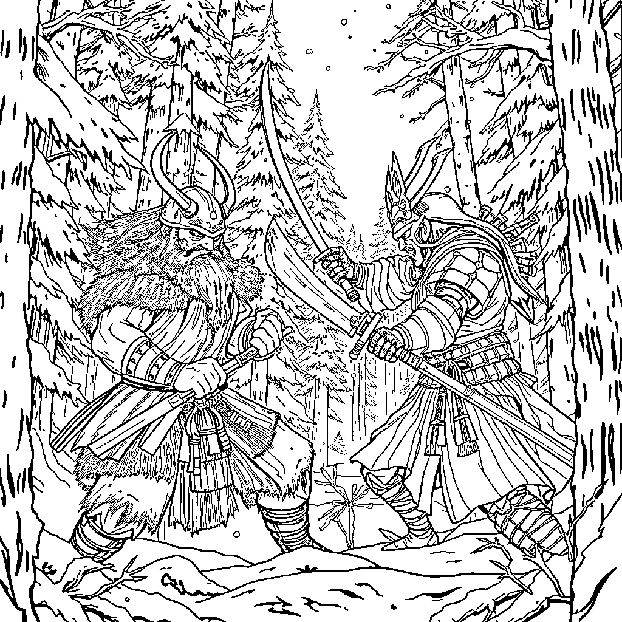 Viking warriors clashing in a snowy forest Coloring Page (free black-and-white line drawing printable PDF for all, from beginners to advanced learners, including children, teens, adults, and seniors)