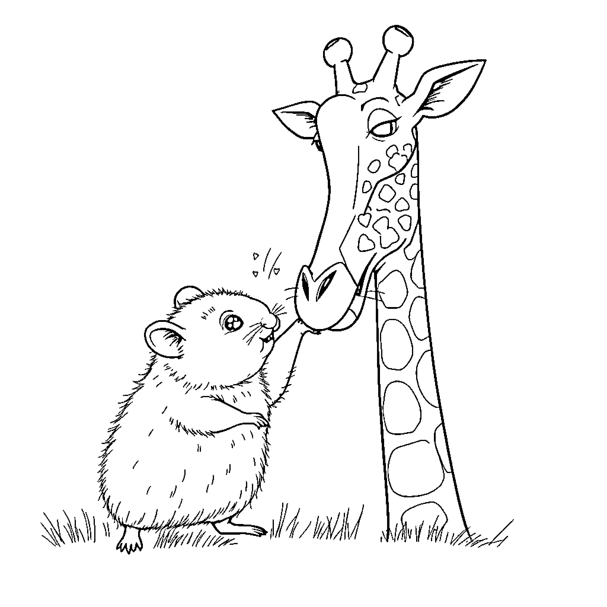 Hamster and Giraffe Friends Exploring Together Coloring Page (free black-and-white line drawing printable PDF for all, from beginners to advanced learners, including children, teens, adults, and seniors)