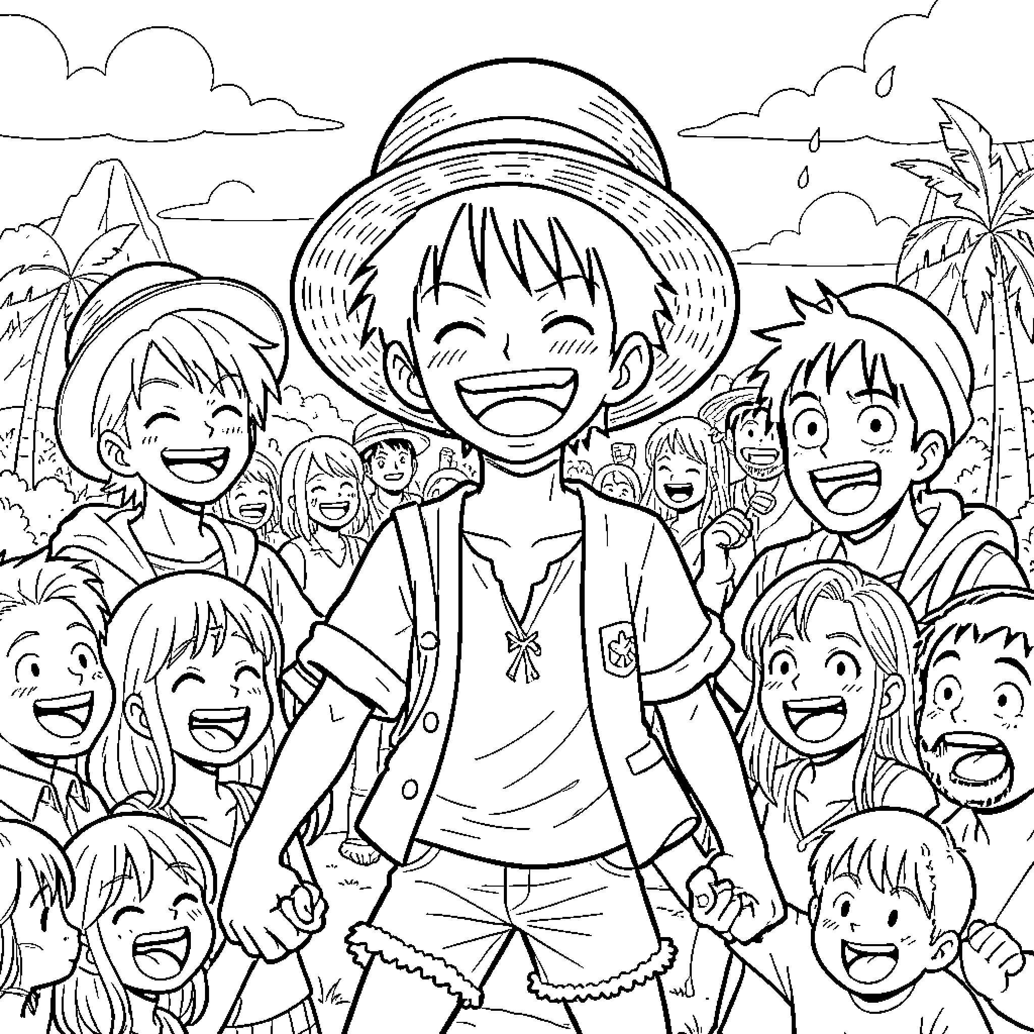 Luffy enjoying time with lively group in tropical setting Coloring Page (free black-and-white line drawing printable PDF for all, from beginners to advanced learners, including children, teens, adults, and seniors)