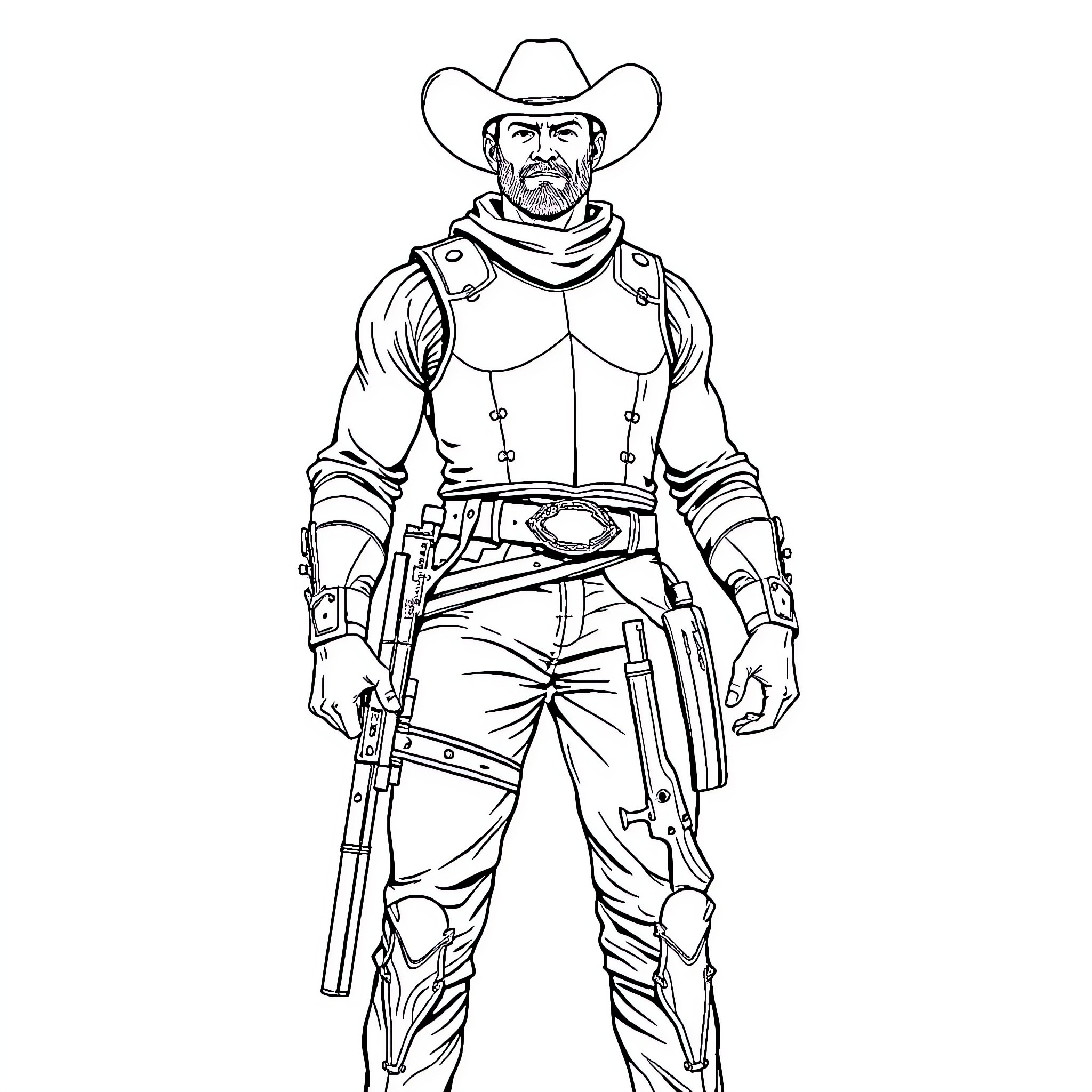 Cowboy with gun and rugged outfit Coloring Page (free black-and-white line drawing printable PDF for all, from beginners to advanced learners, including children, teens, adults, and seniors)
