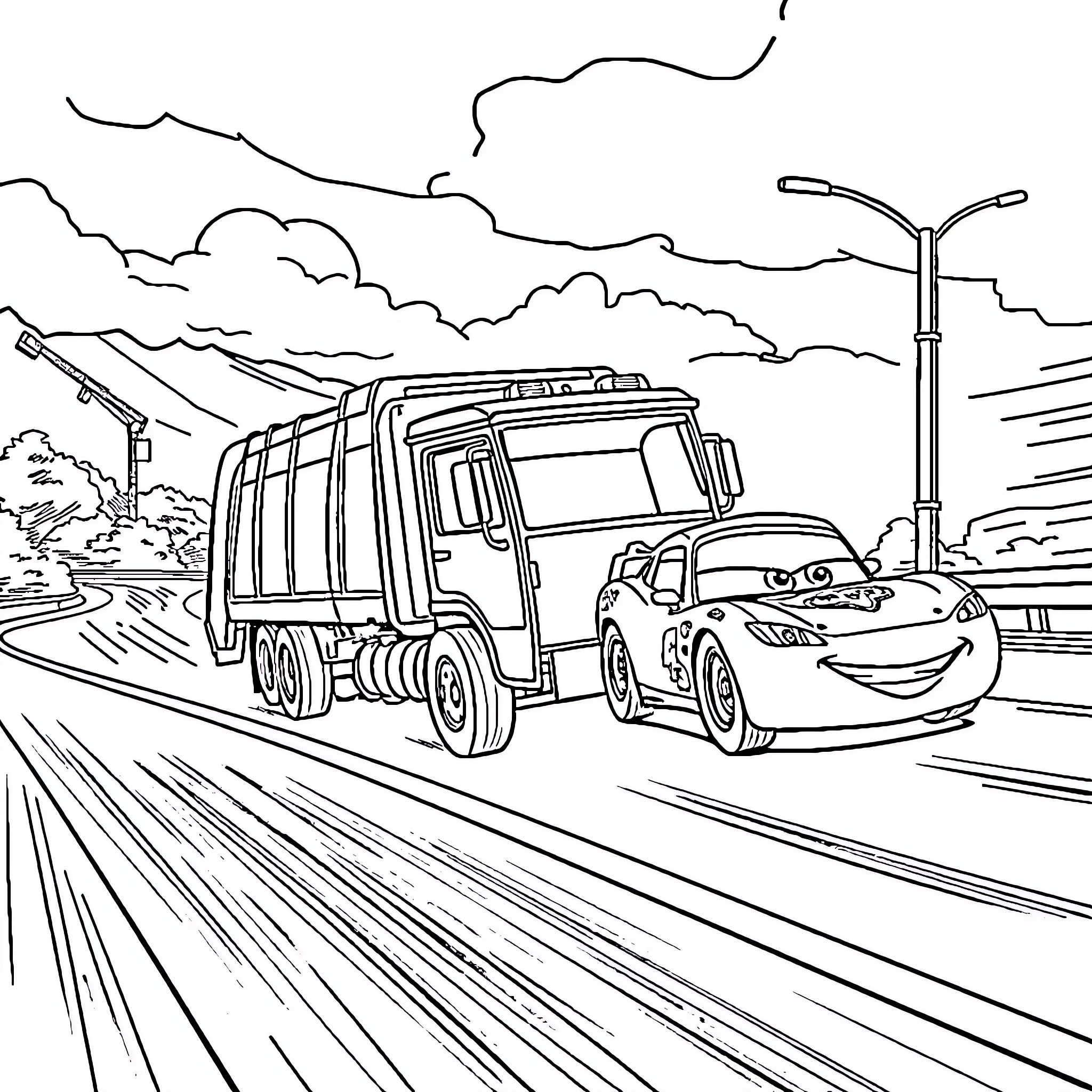 Trash Truck Collecting Waste on a Busy Street Coloring Page (free black-and-white line drawing printable PDF for all, from beginners to advanced learners, including children, teens, adults, and seniors)