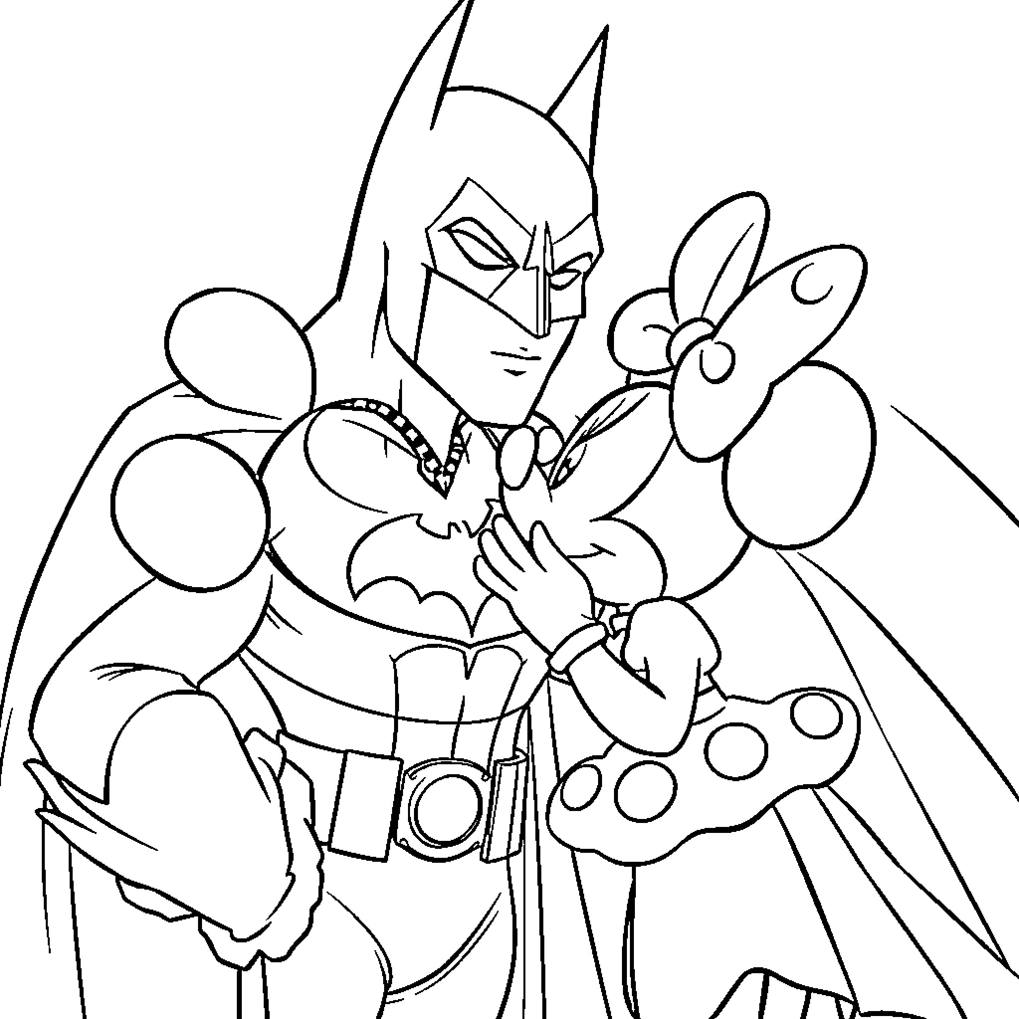 Minnie and Batman's Colorful Adventure Coloring Page (free black-and-white line drawing printable PDF for all, from beginners to advanced learners, including children, teens, adults, and seniors)