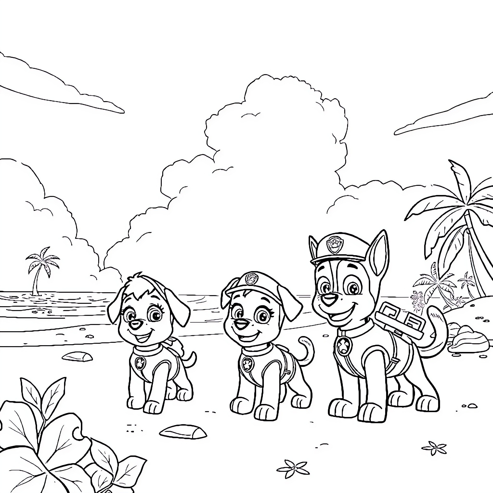 Paw Patrol pups on tropical beach adventure Coloring Page (free black-and-white line drawing printable PDF for all, from beginners to advanced learners, including children, teens, adults, and seniors)