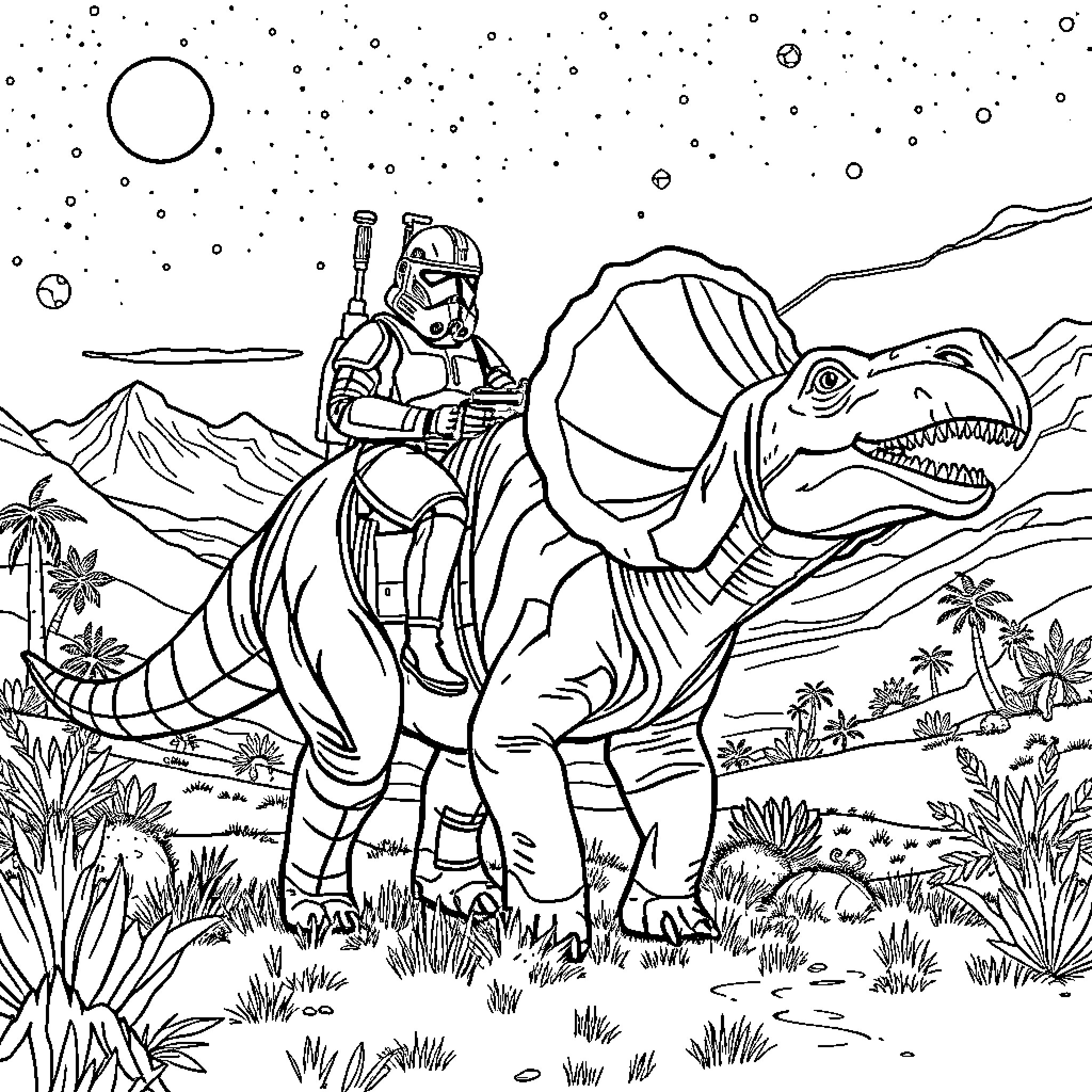 Clone Trooper exploring alien desert planet Coloring Page (free black-and-white line drawing printable PDF for all, from beginners to advanced learners, including children, teens, adults, and seniors)
