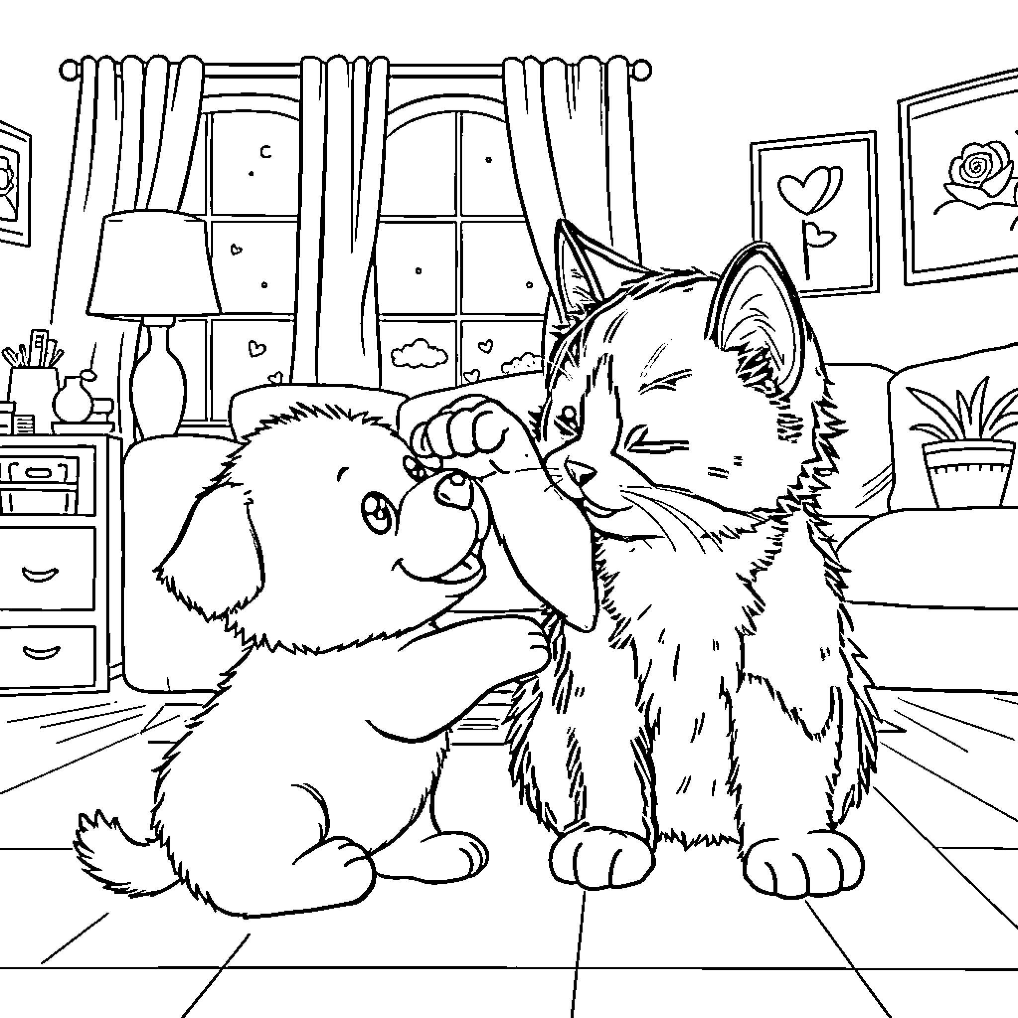 Kitty playing with puppy in a cozy room Coloring Page (free black-and-white line drawing printable PDF for all, from beginners to advanced learners, including children, teens, adults, and seniors)