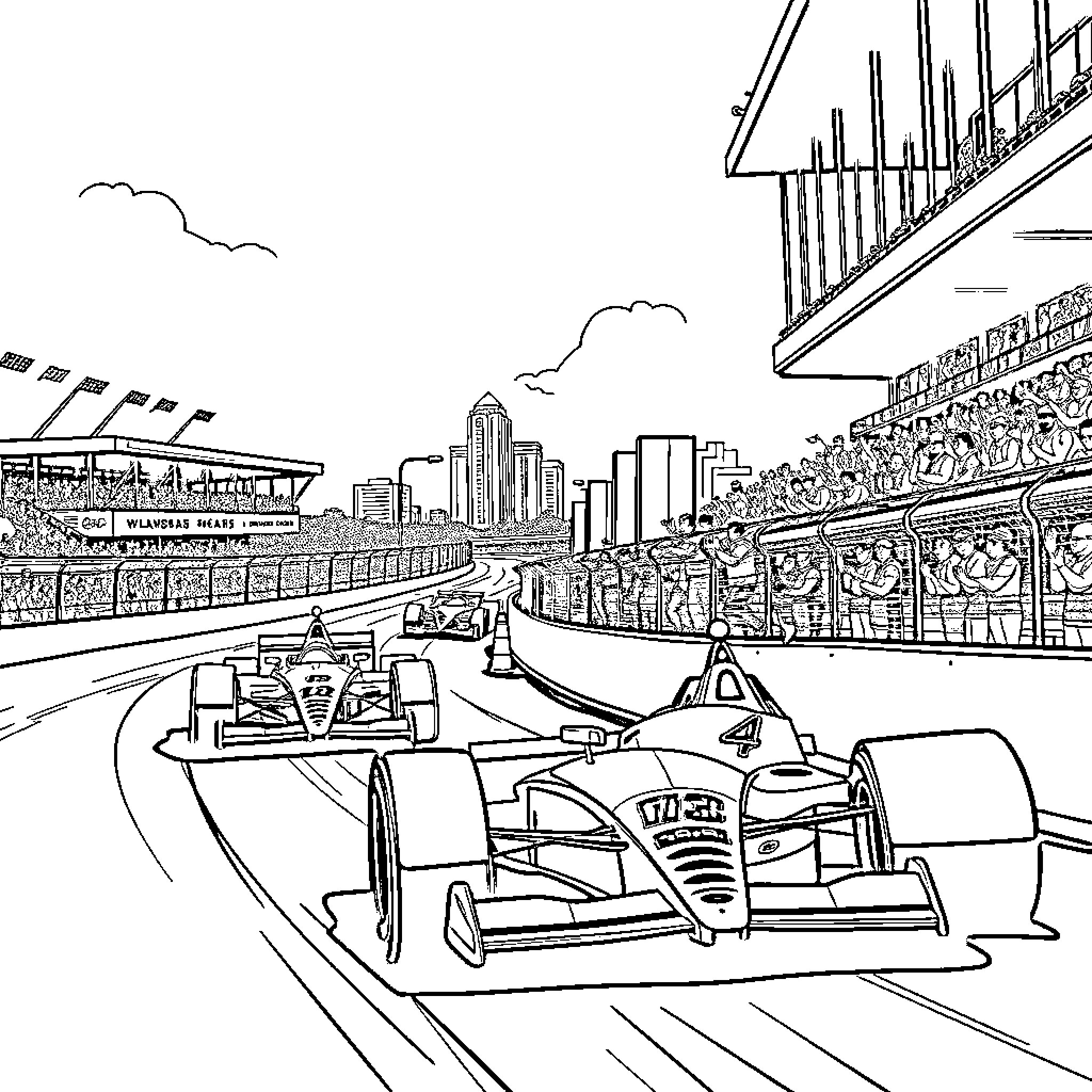 Indycar Racing Around the City Track Coloring Page (free black-and-white line drawing printable PDF for all, from beginners to advanced learners, including children, teens, adults, and seniors)