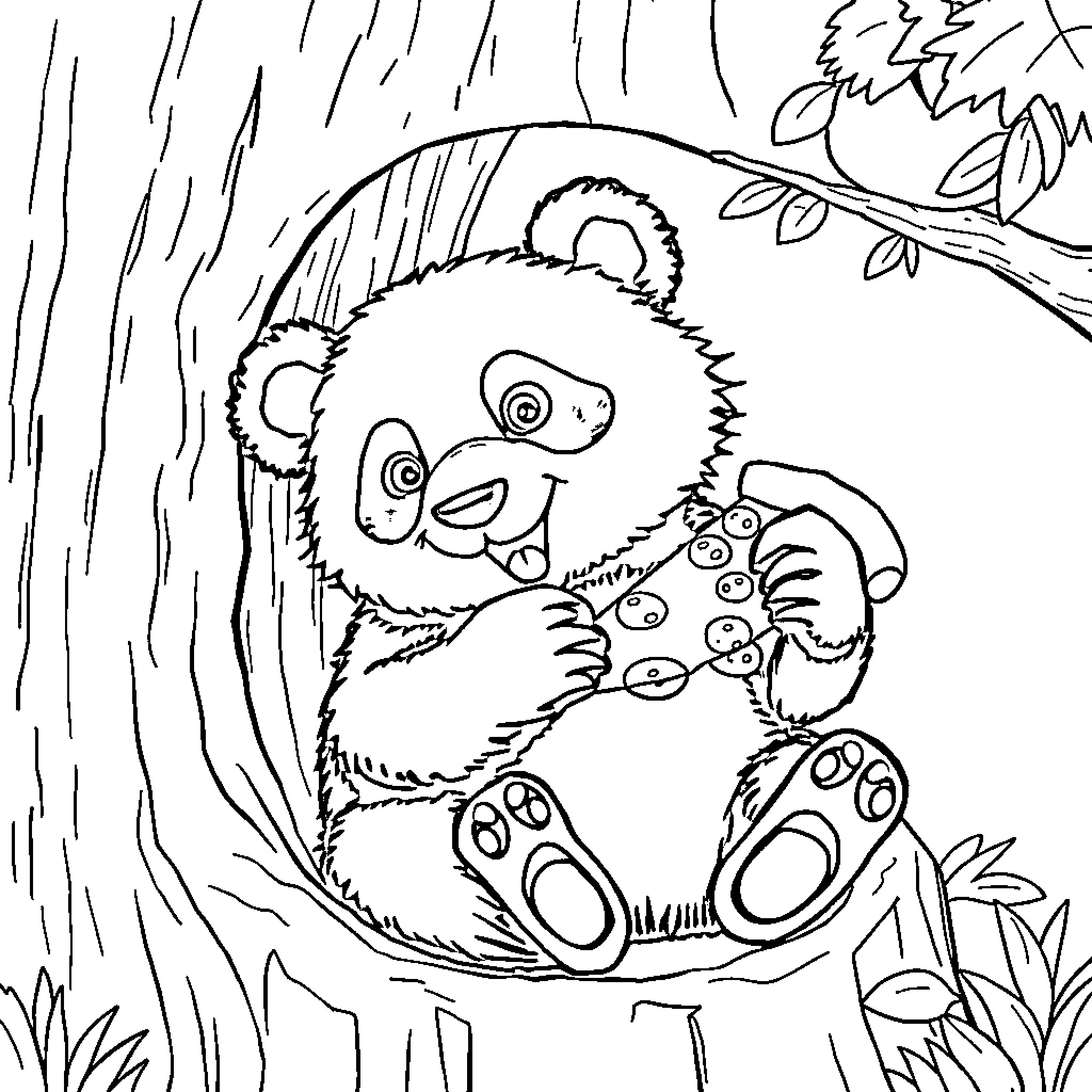 Panda playing with leaves in the forest Coloring Page (free black-and-white line drawing printable PDF for all, from beginners to advanced learners, including children, teens, adults, and seniors)