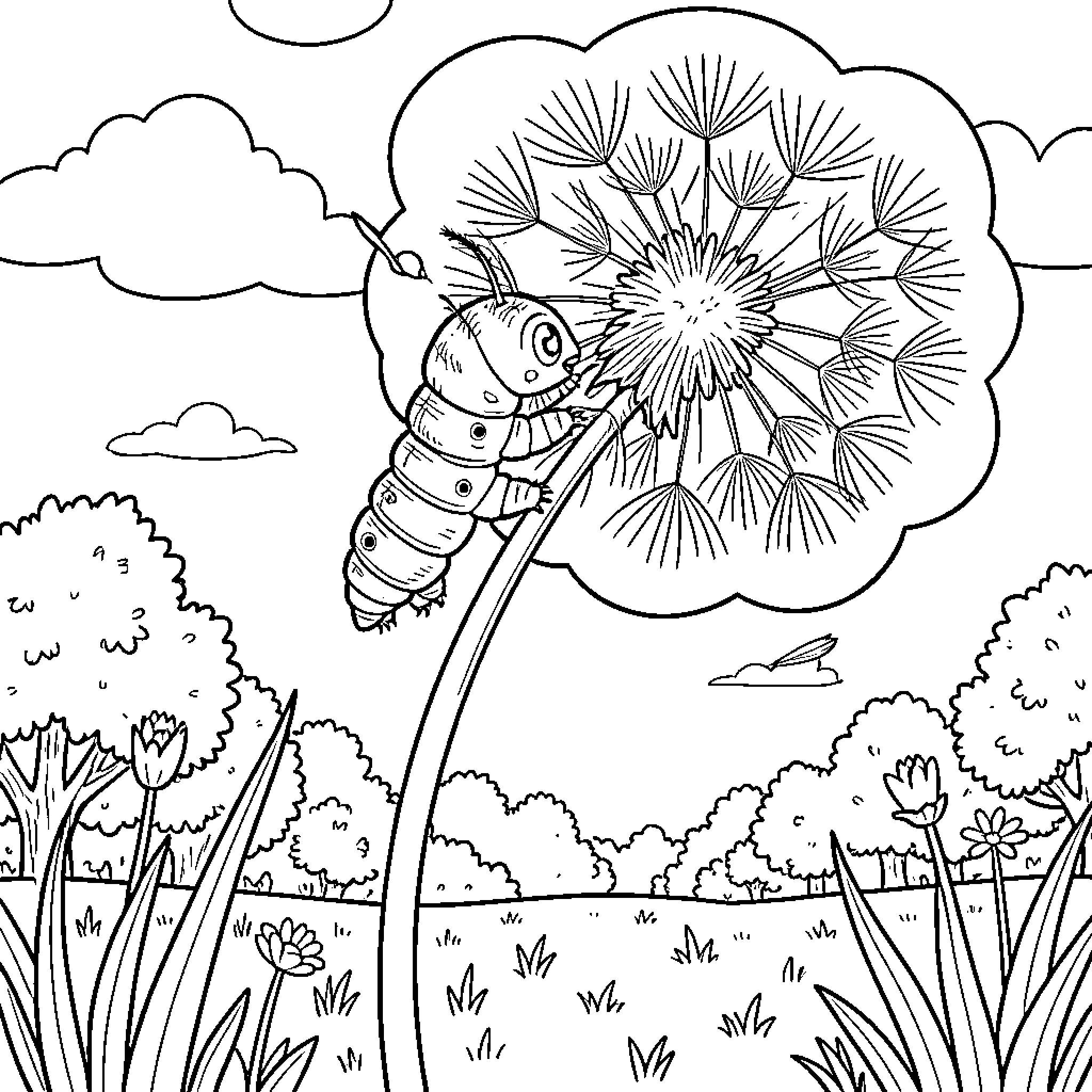 Caterpillar climbing a large dandelion in a meadow Coloring Page (free black-and-white line drawing printable PDF for all, from beginners to advanced learners, including children, teens, adults, and seniors)