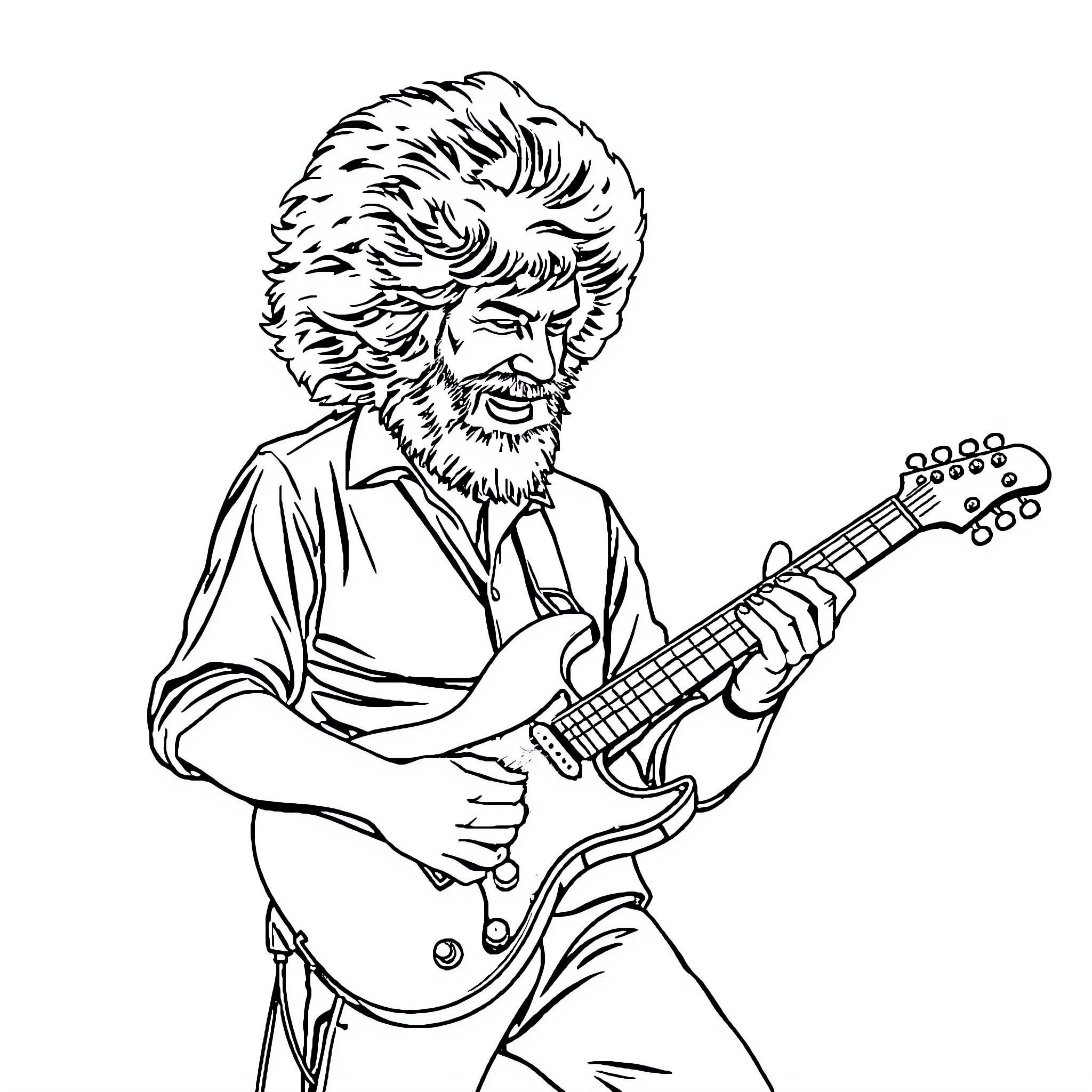 Bob Ross playing electric guitar with enthusiasm Coloring Page (free black-and-white line drawing printable PDF for all, from beginners to advanced learners, including children, teens, adults, and seniors)