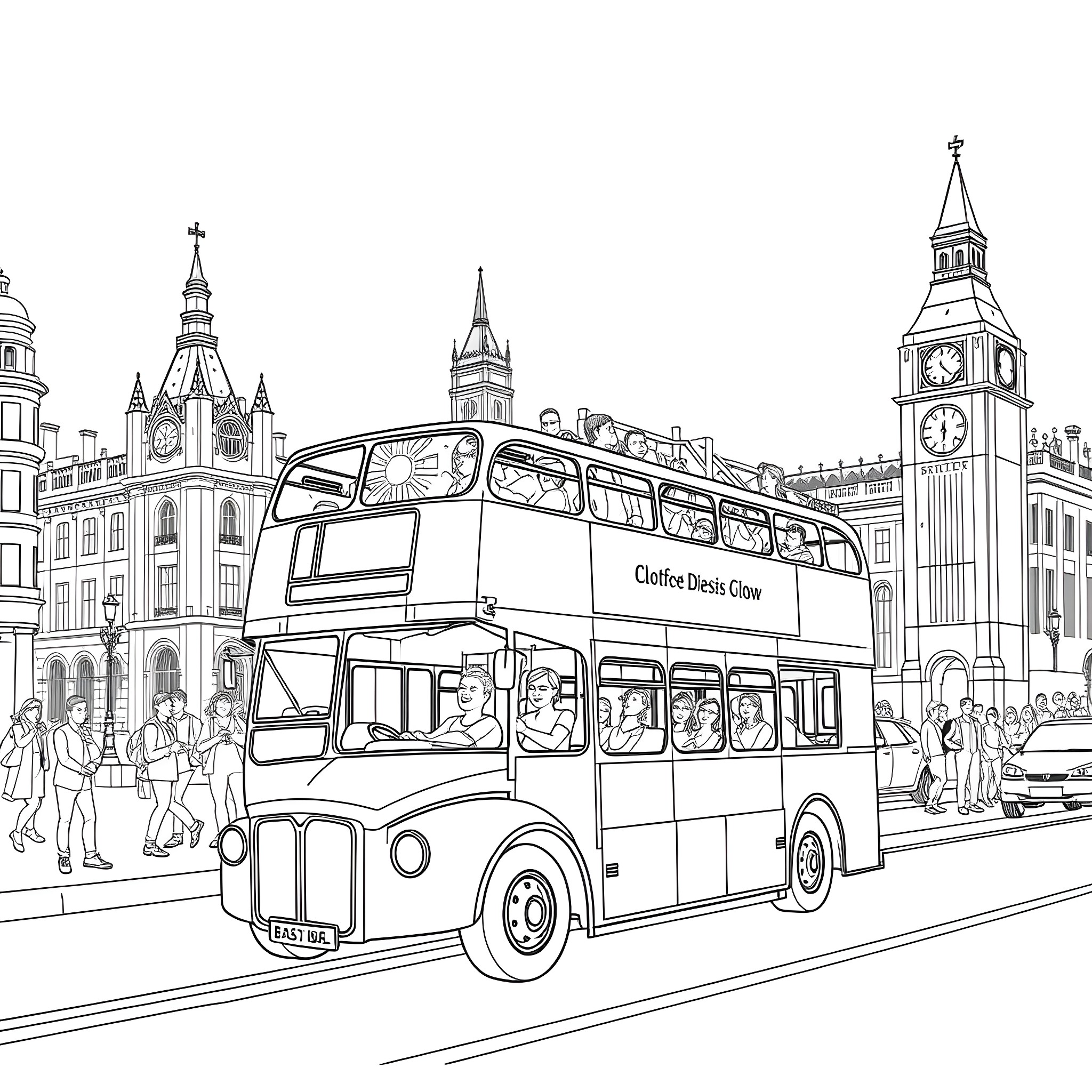 Bus riding through a bustling city street Coloring Page (free black-and-white line drawing printable PDF for all, from beginners to advanced learners, including children, teens, adults, and seniors)