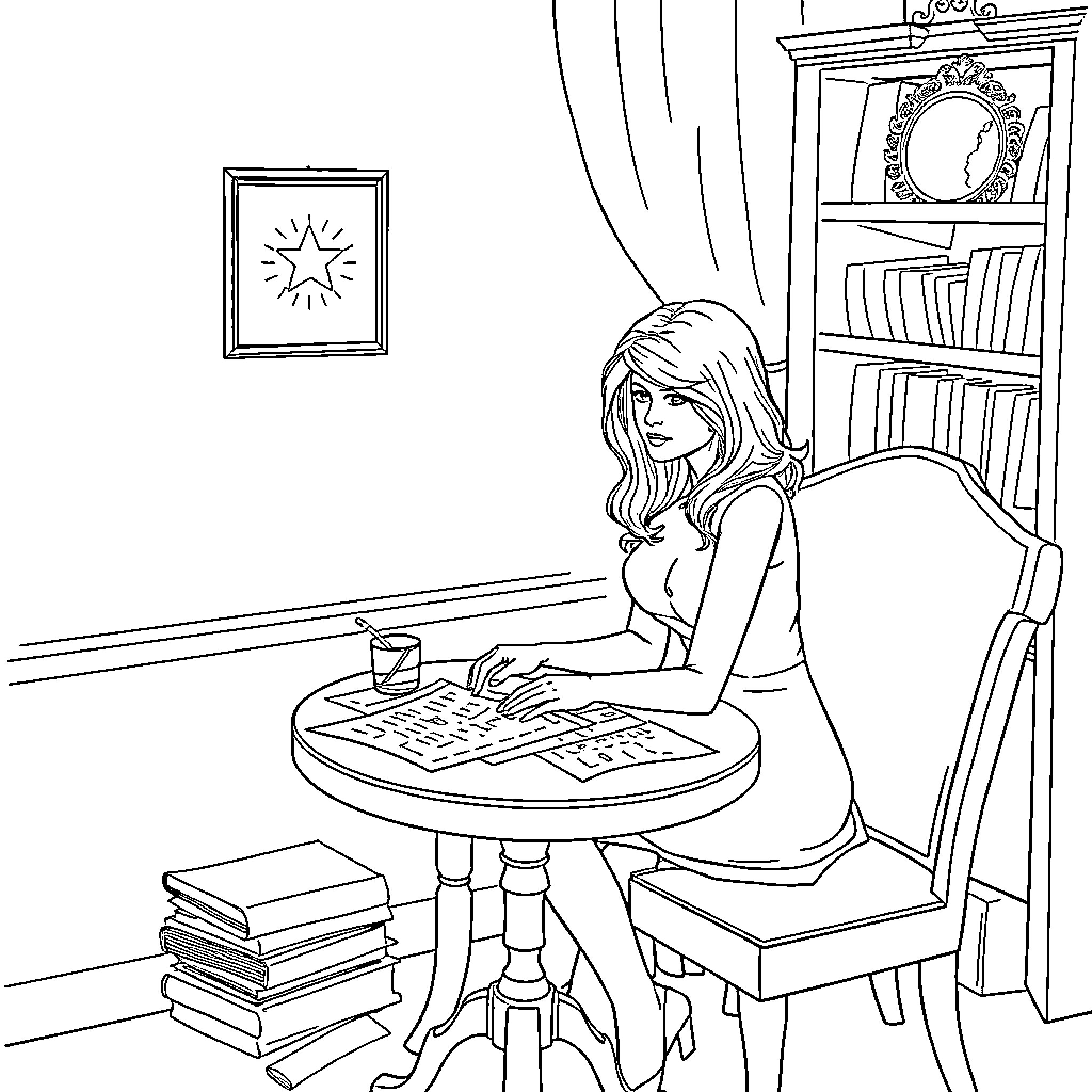 Melania working intently at her desk Coloring Page (free black-and-white line drawing printable PDF for all, from beginners to advanced learners, including children, teens, adults, and seniors)