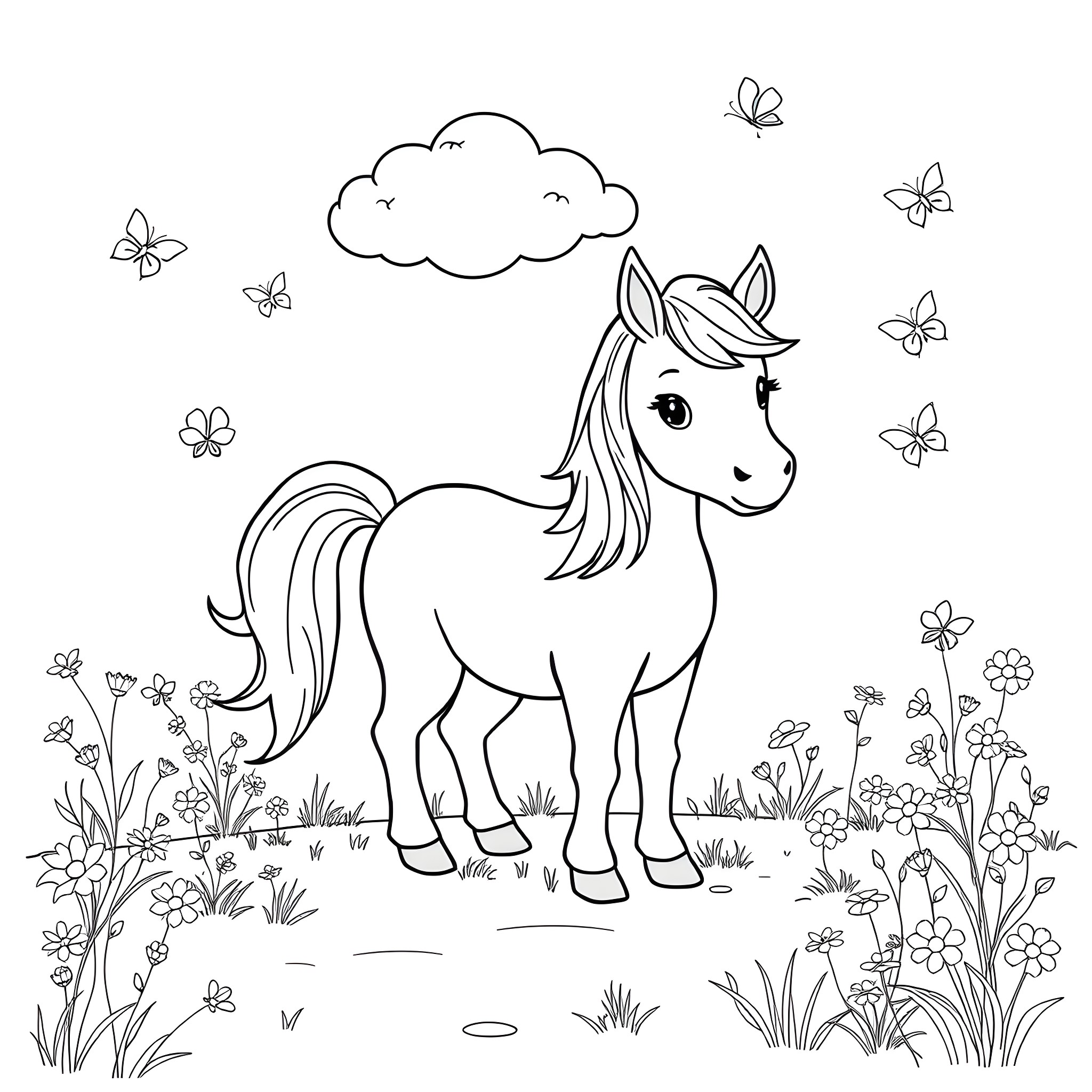 Pony frolicking in a meadow with butterflies Coloring Page (free black-and-white line drawing printable PDF for all, from beginners to advanced learners, including children, teens, adults, and seniors)