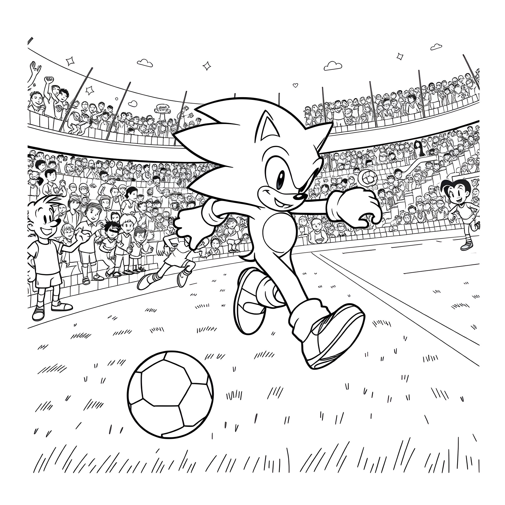 Sonic Dribbling Soccer Ball in Stadium Coloring Page (free black-and-white line drawing printable PDF for all, from beginners to advanced learners, including children, teens, adults, and seniors)