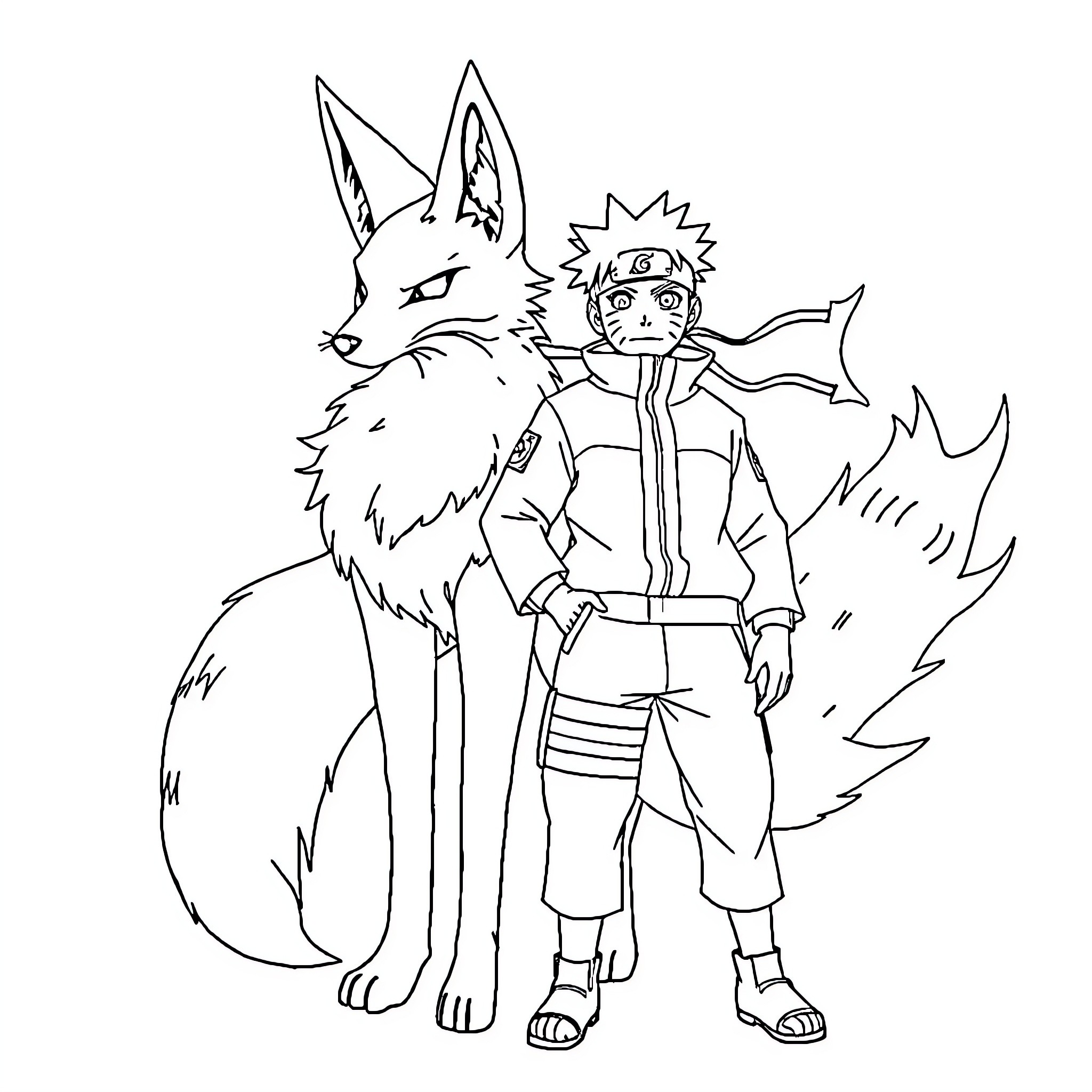 Naruto and his Ninja Wolf Companion Coloring Page (free black-and-white line drawing printable PDF for all, from beginners to advanced learners, including children, teens, adults, and seniors)