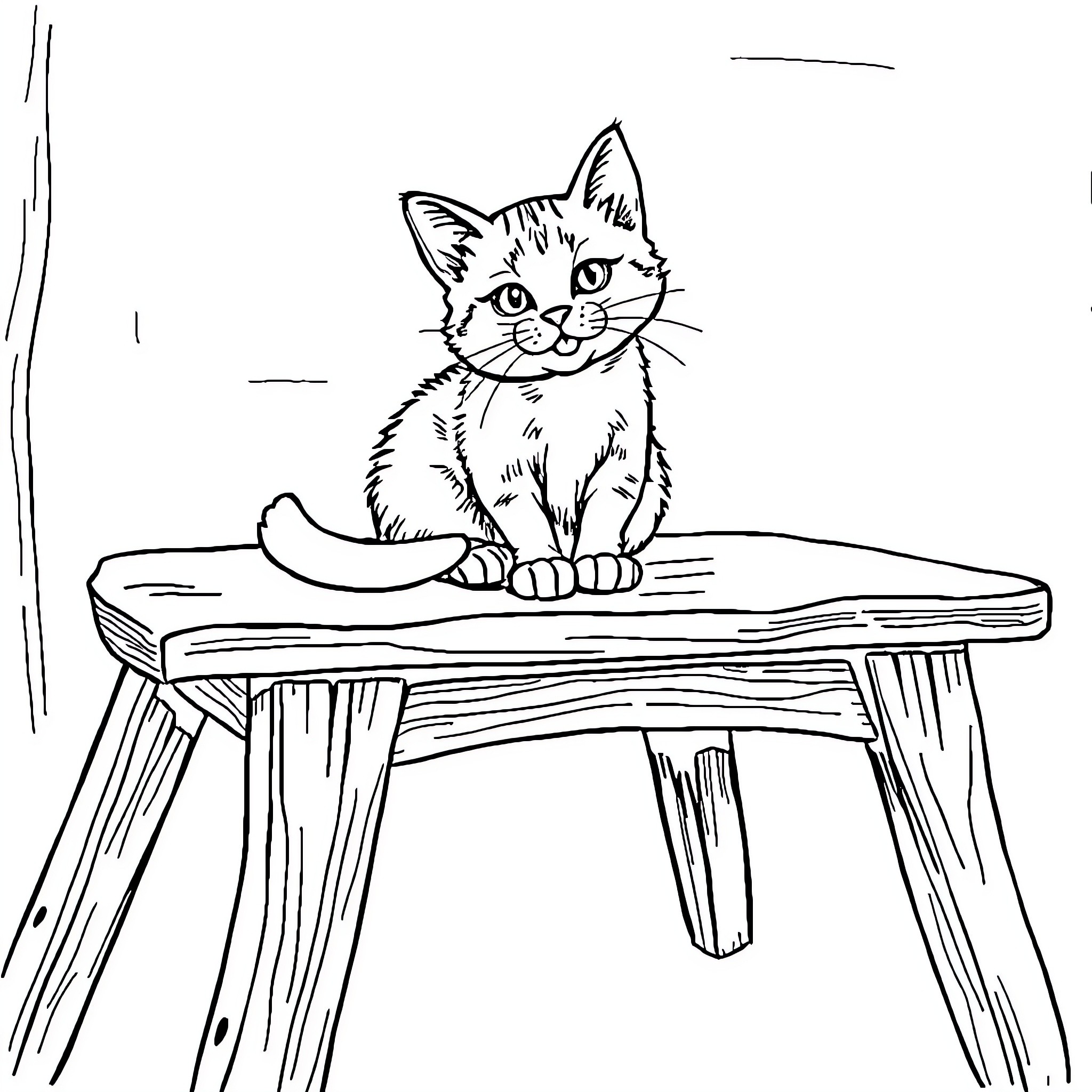 Cat sitting on a wooden table Coloring Page (free black-and-white line drawing printable PDF for all, from beginners to advanced learners, including children, teens, adults, and seniors)