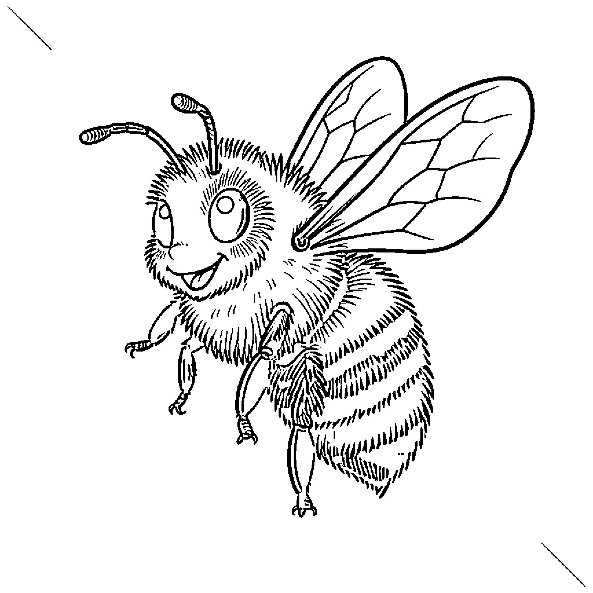 Bumblebee smiling joyfully with open wings Coloring Page (free black-and-white line drawing printable PDF for all, from beginners to advanced learners, including children, teens, adults, and seniors)